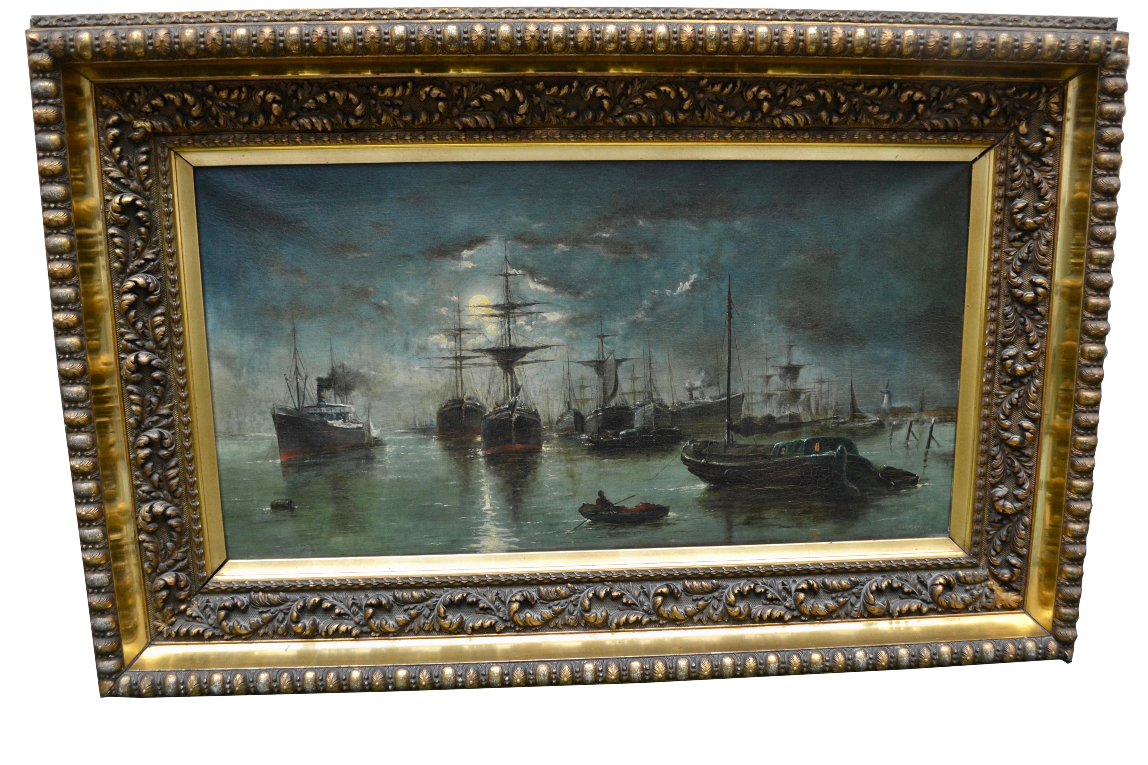 A beautifully executed early 20th Century oil on canvas marine painting. Signed Charles Langenbeck ( 1873-1943) dated 1906  and presented in a robust carved giltwood frame. The painting shows a flotilla of boats, sailing ships and even a steam ship 