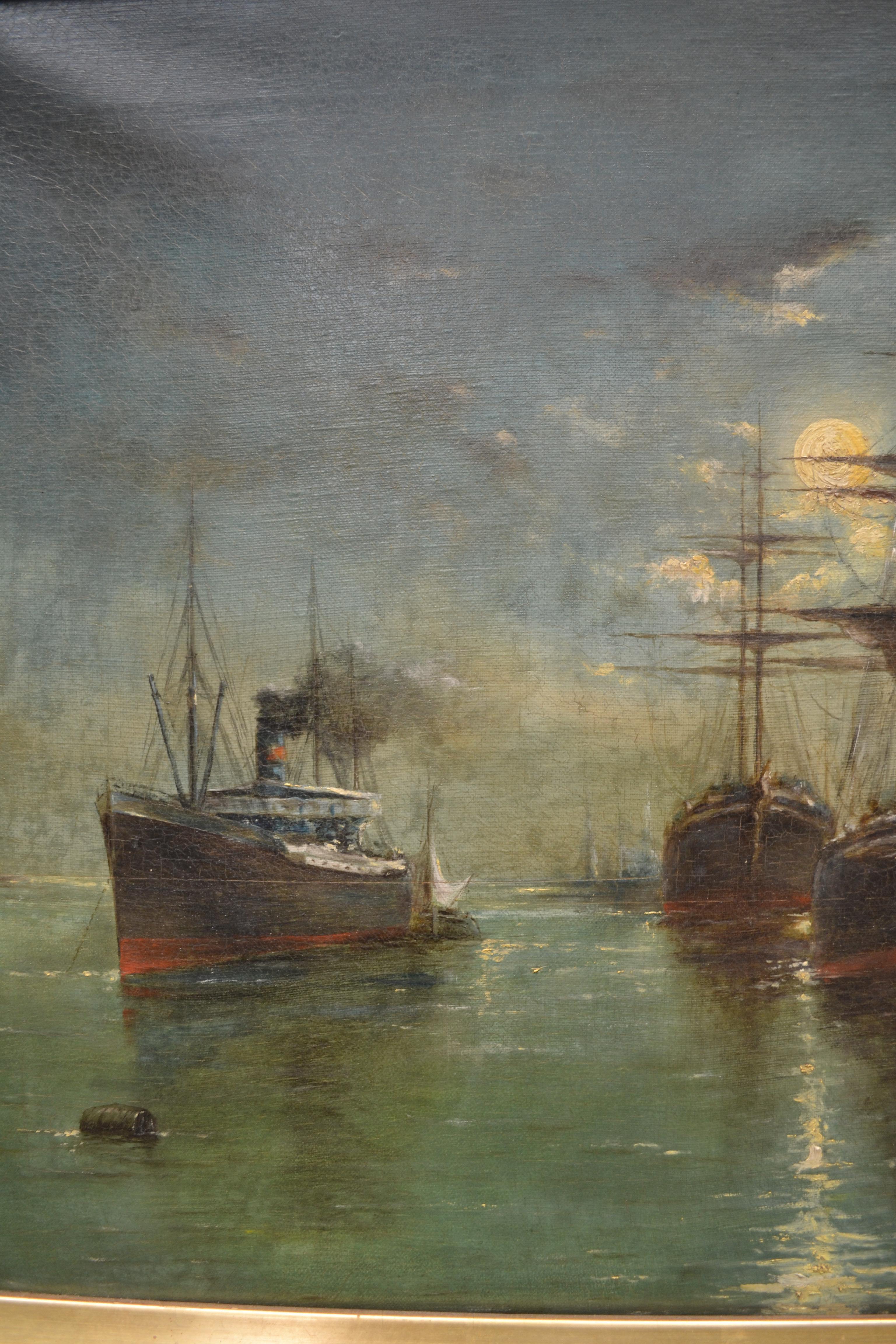 Hand-Carved Classic Marine Painting Signed C. Langenbeck Dated 1906 For Sale