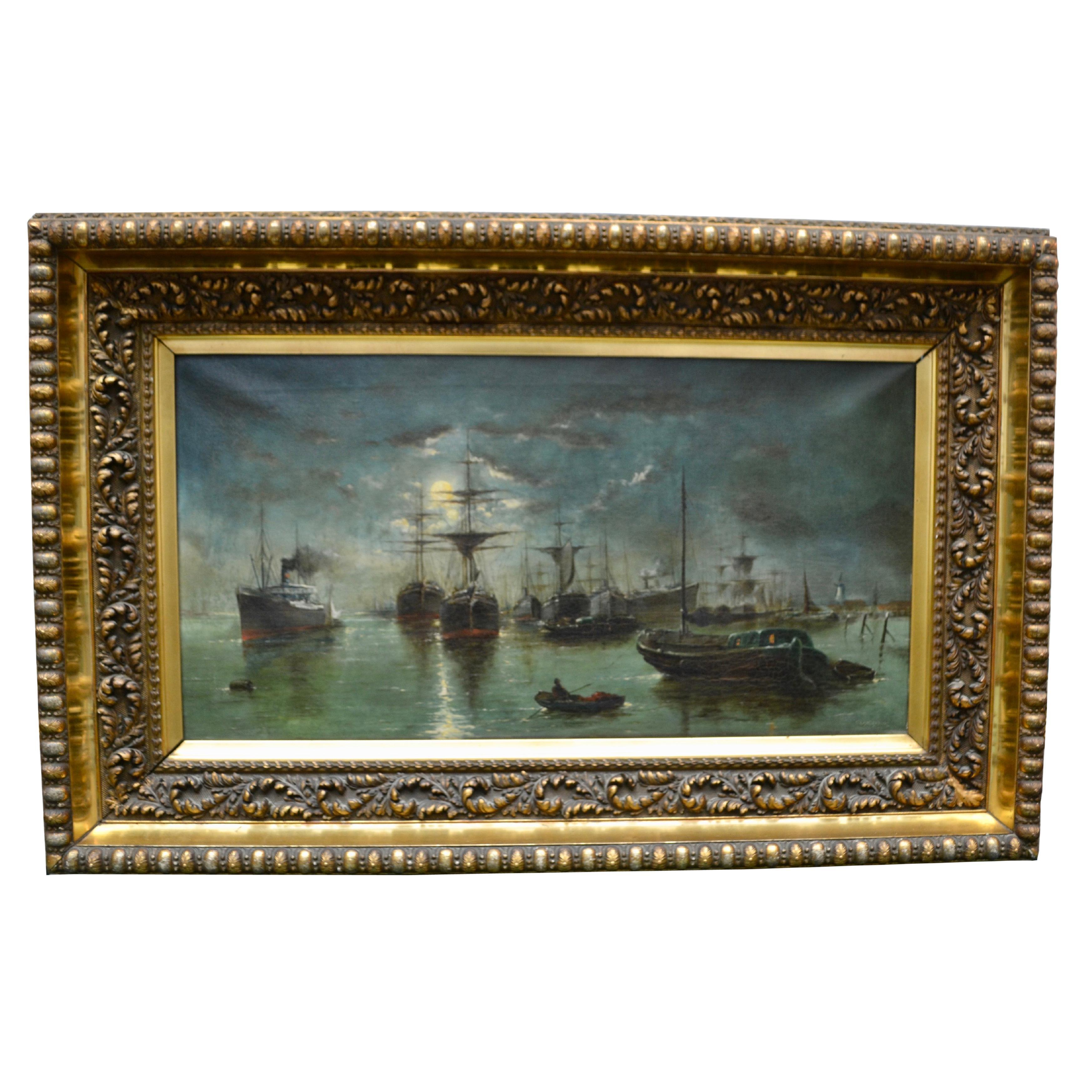 Peinture de marine classique signée C. Langenbeck et datée de 1906