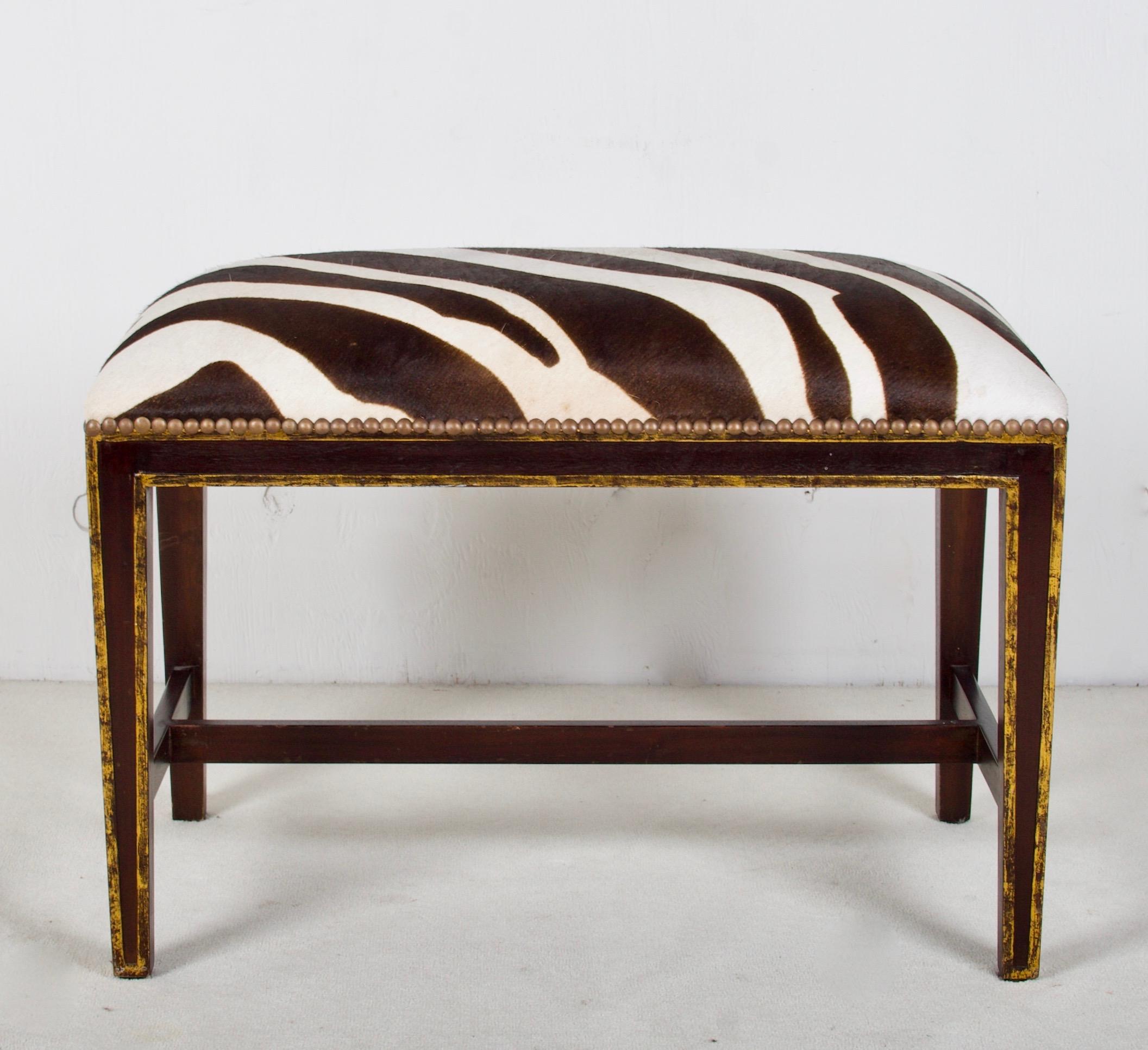 American Classic Style Gilded and Ebonized Bench, Upholstered in Faux Zebra Cowhide