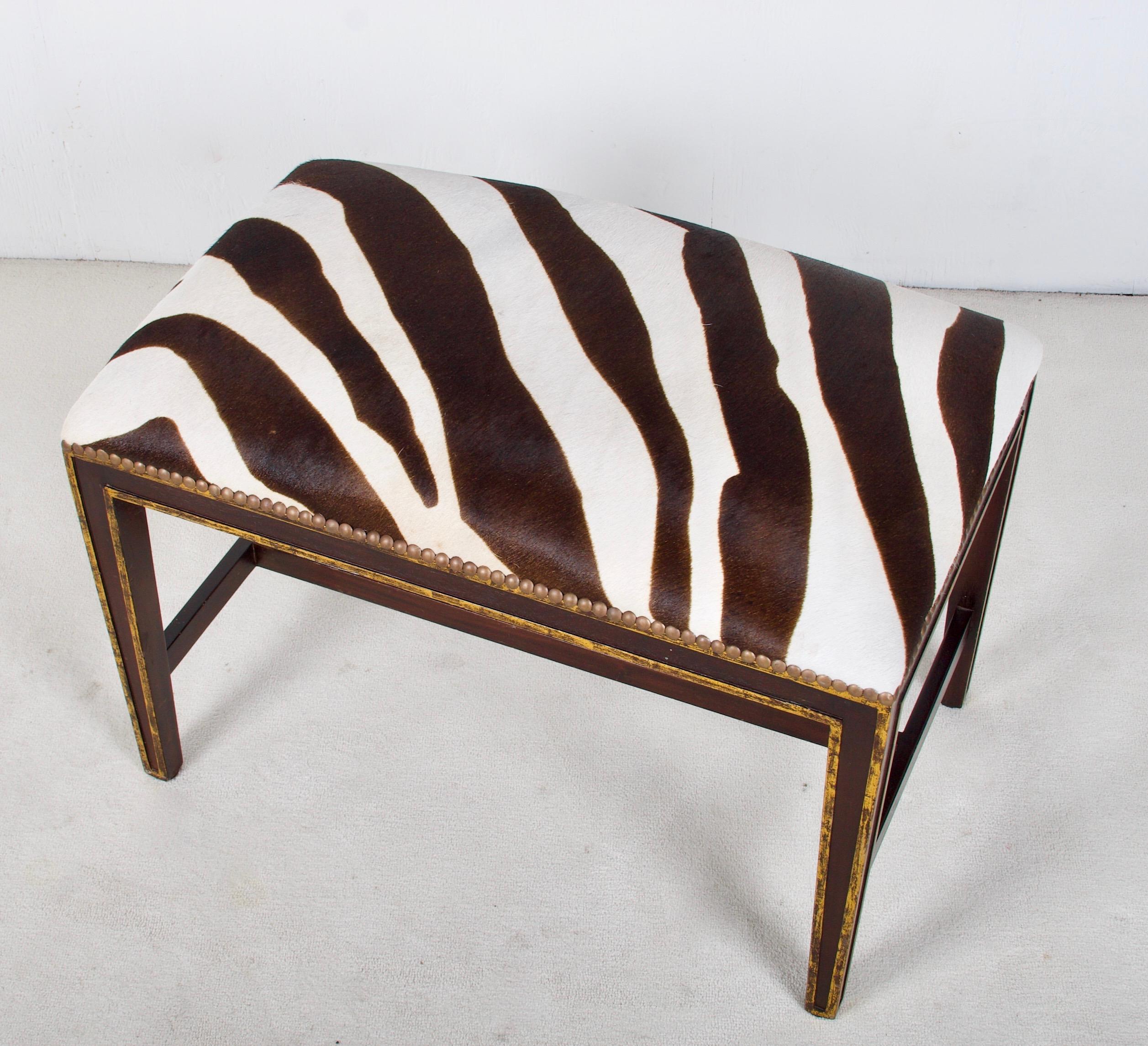 Hand-Crafted Classic Style Gilded and Ebonized Bench, Upholstered in Faux Zebra Cowhide
