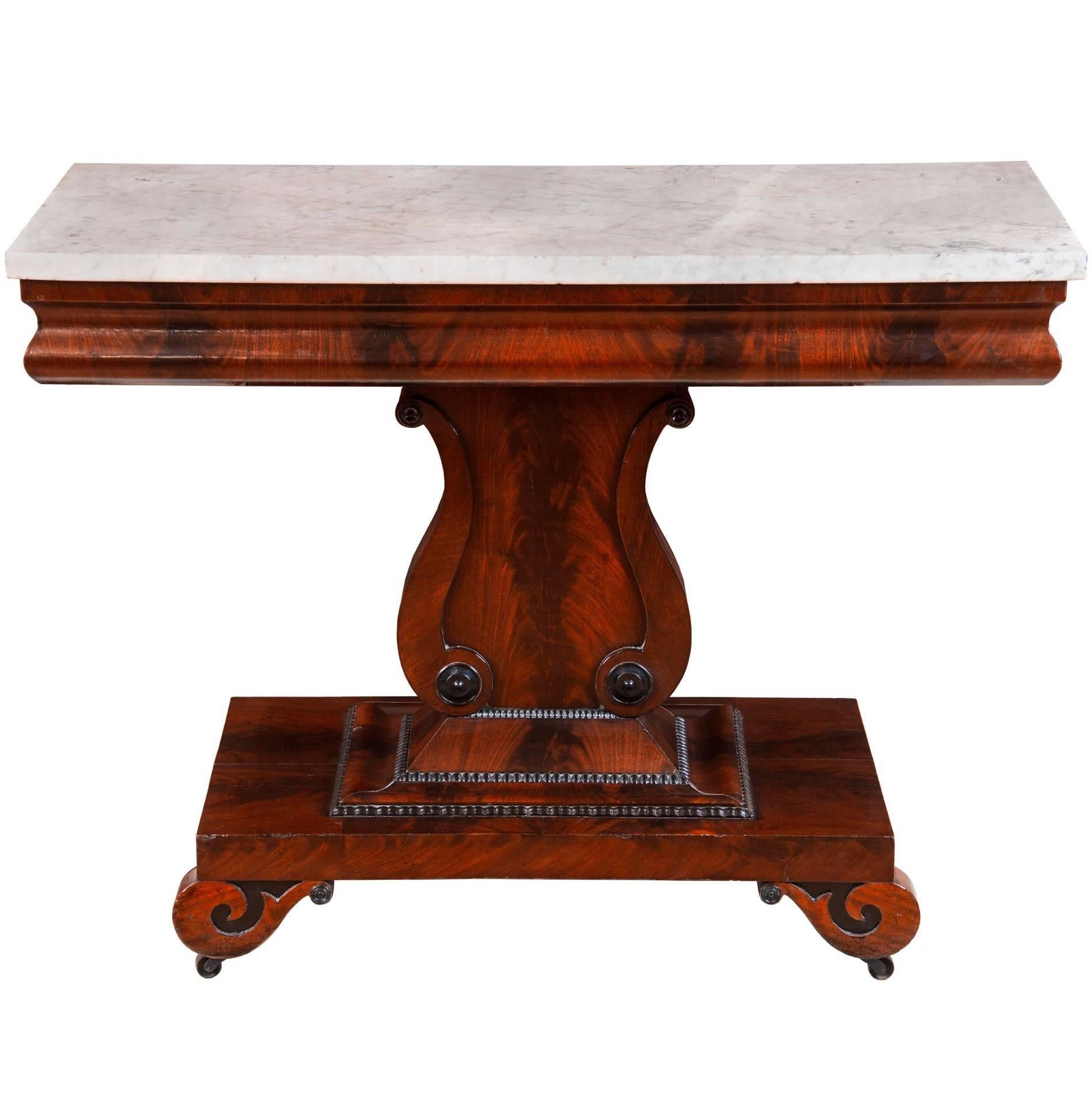 A Classical Mahogany and Marble Top Lyre Side Table, c.1840 For Sale