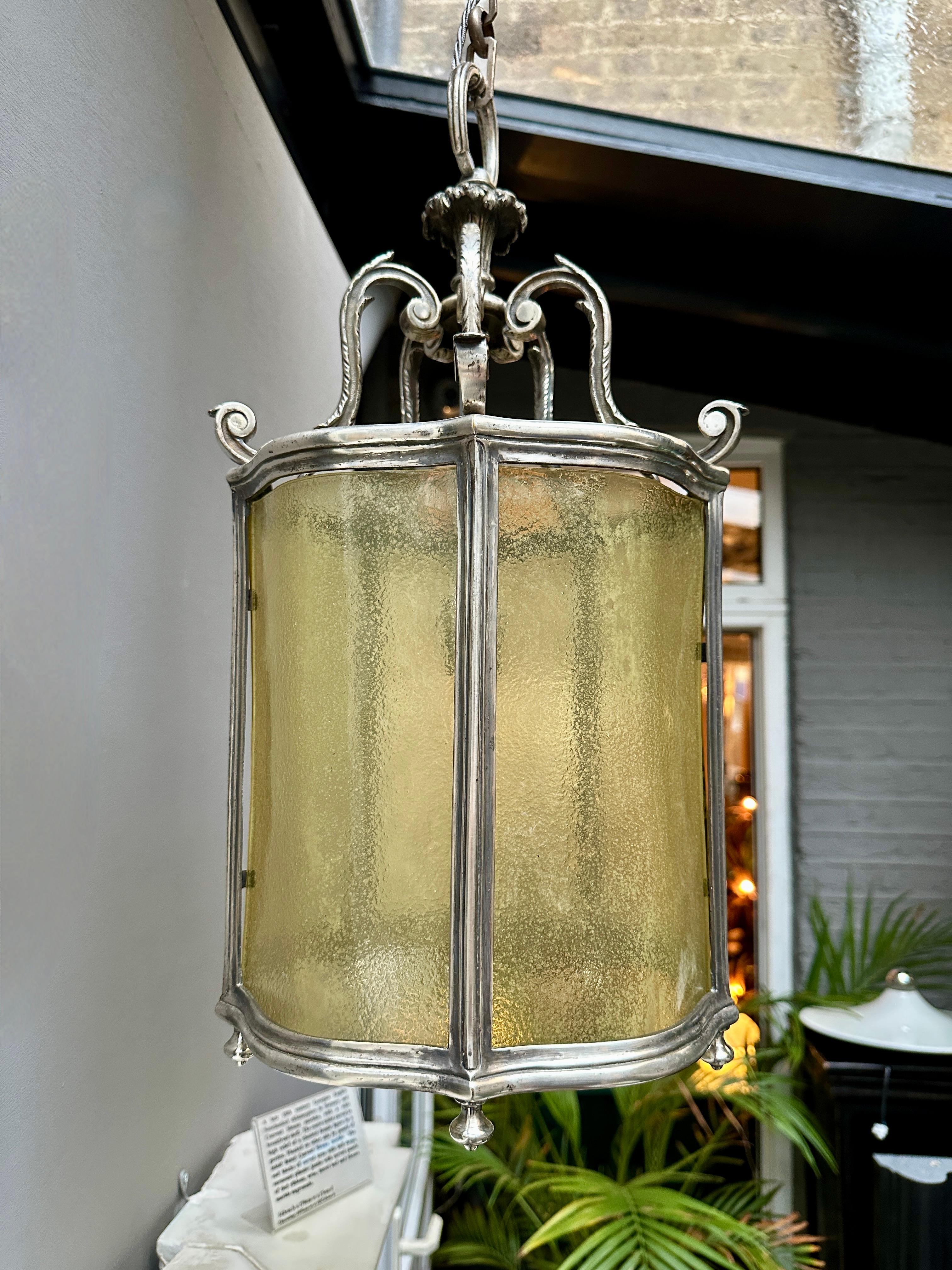 Neoclassical A Classical Nickel And Curved Murano Glass Italian Lantern  For Sale