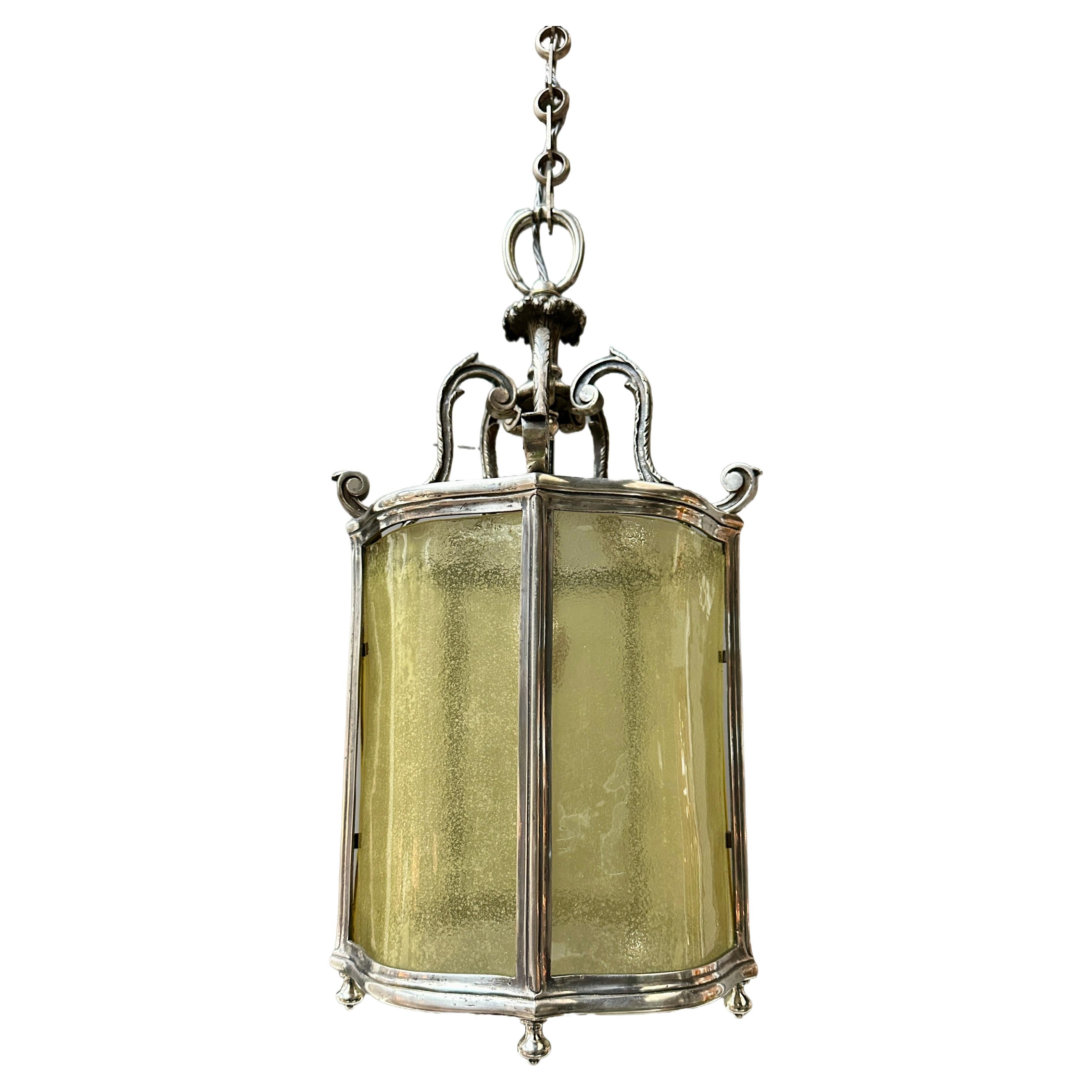 A Classical Nickel And Curved Murano Glass Italian Lantern  For Sale