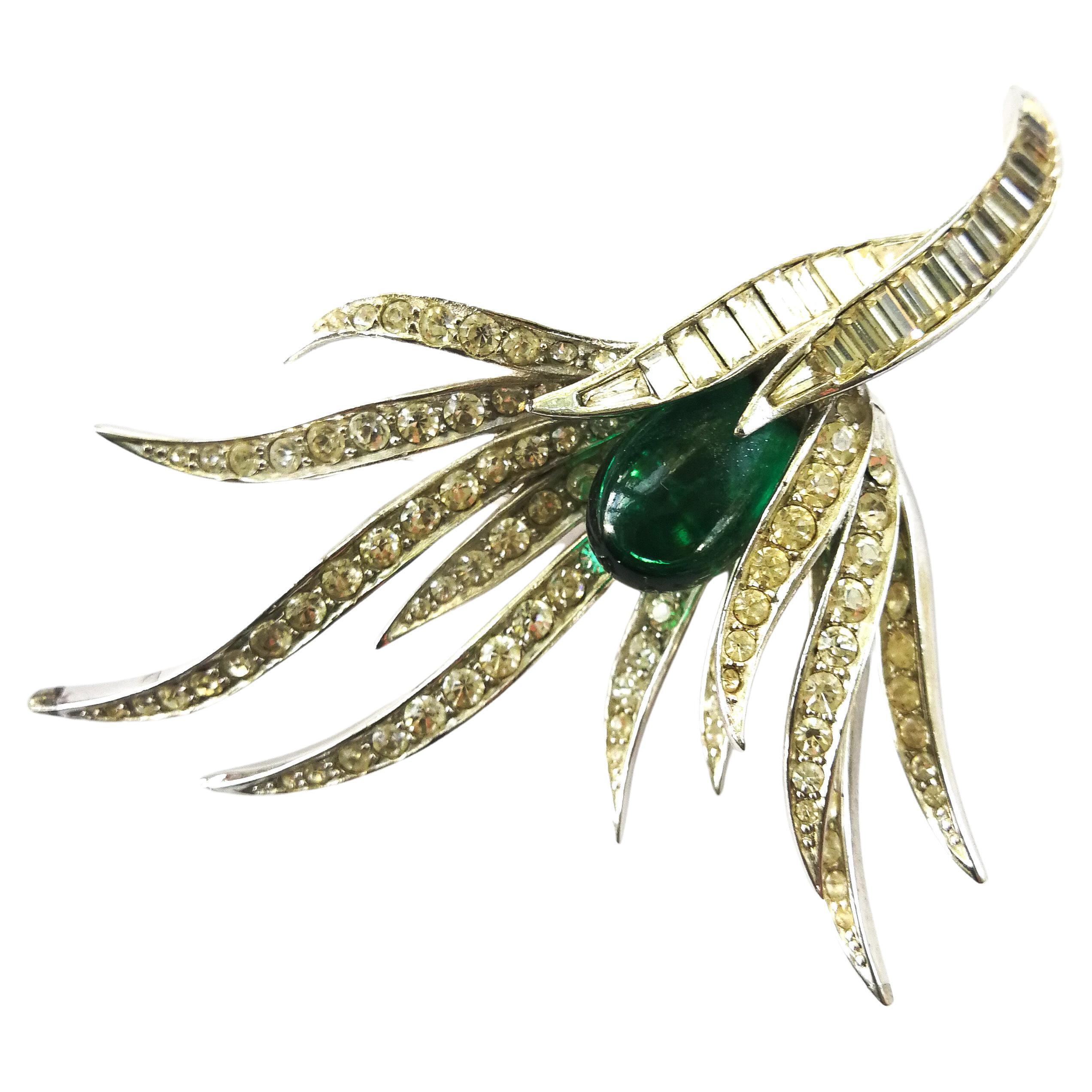 A clear and emerald paste large 'spray' brooch, Marcel Boucher, USA, 1960s For Sale