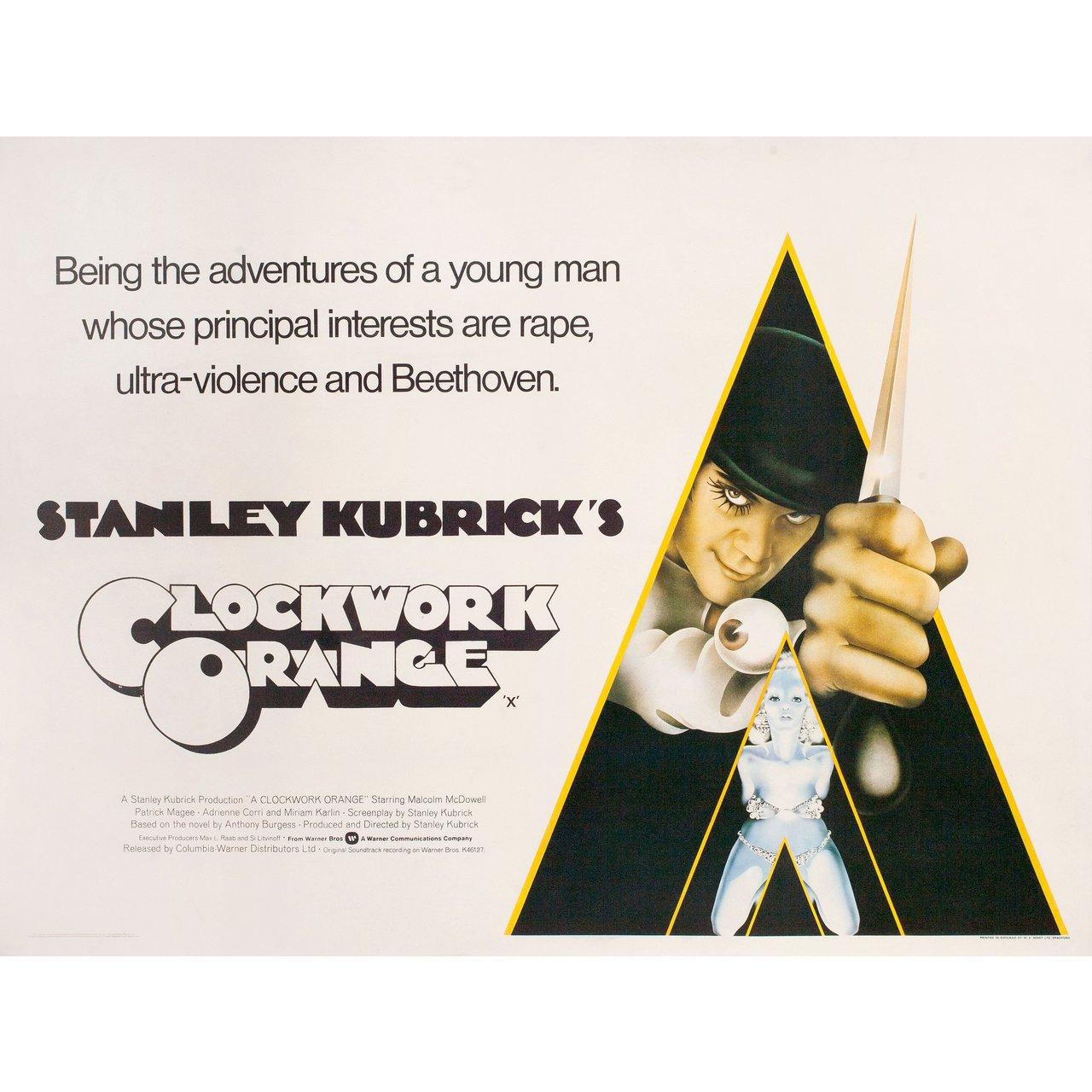 Original 1972 British quad poster by Philip Castle for the film A Clockwork Orange directed by Stanley Kubrick with Malcolm McDowell / Patrick Magee / Michael Bates / Warren Clarke. Fine condition, linen-backed. This poster has been professionally