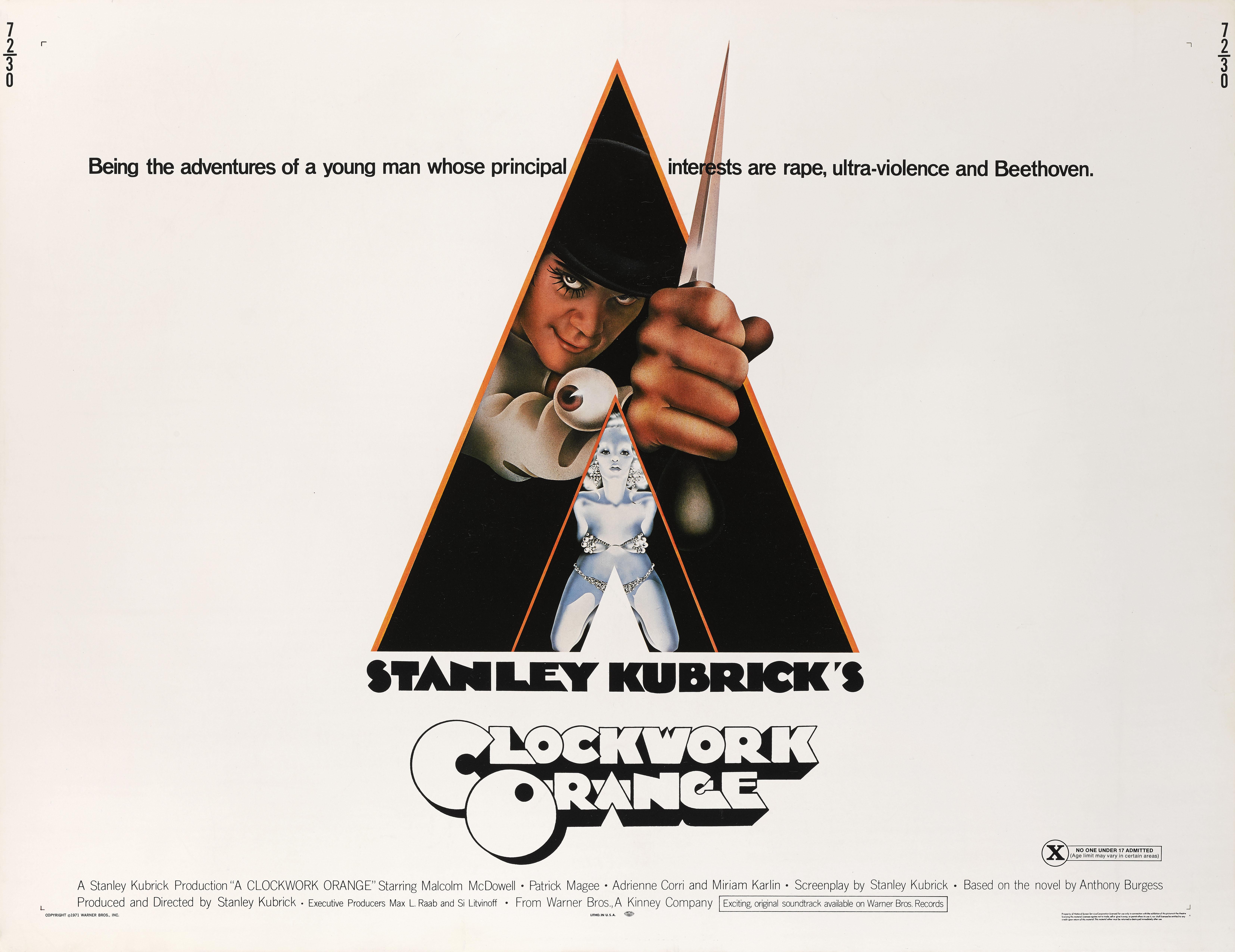 Cartel original estadounidense de la controvertida película policíaca distópica de 1971 de Stanley Kubrick. La obra es del aclamado artista británico Philip Castle (nacido en 1943). Este póster está desplegado y con soporte de papel de conservación,
