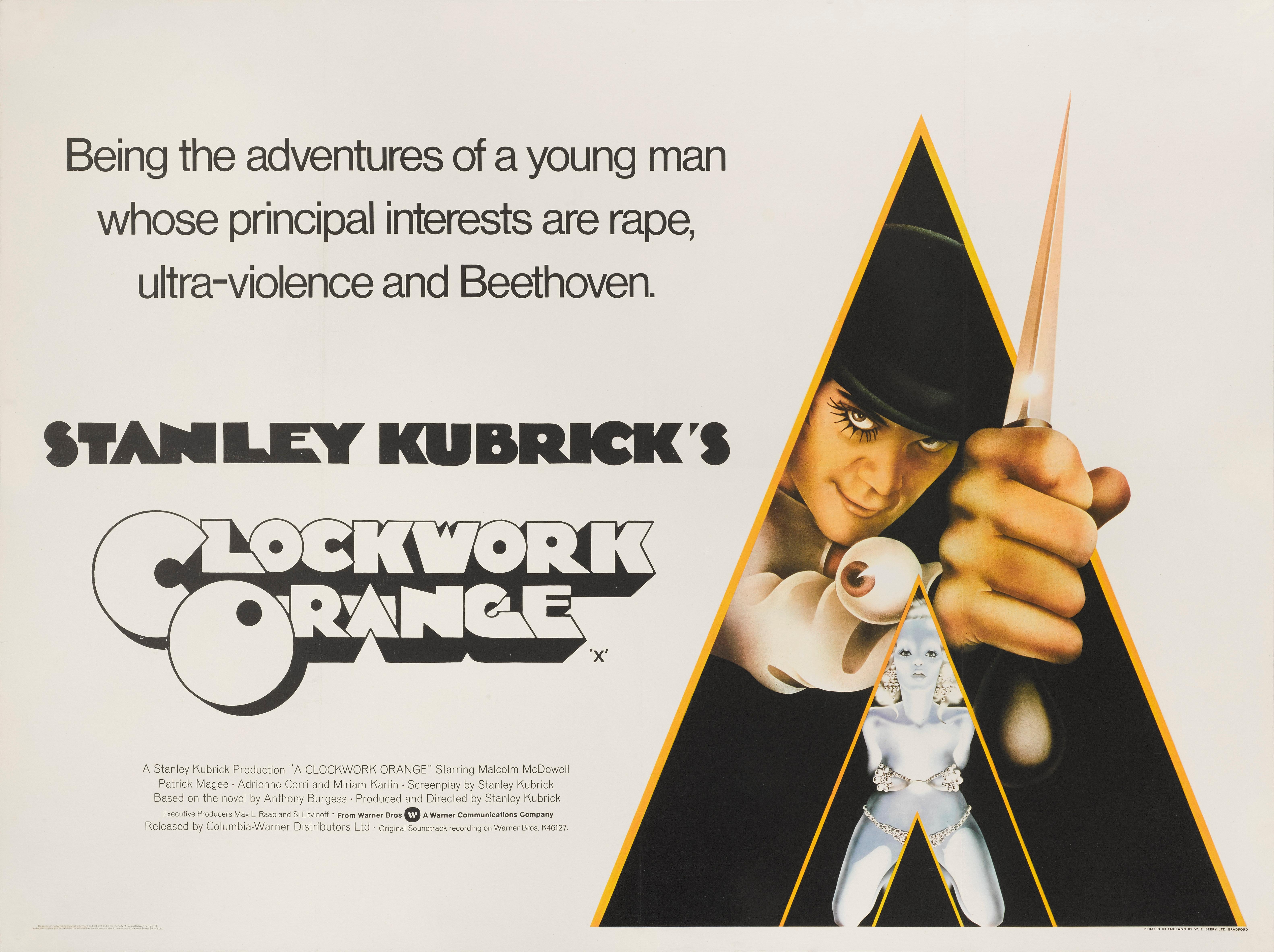 Originales britisches Filmplakat für Stanley Kubricks umstrittenen dystopischen Kriminalfilm von 1971. Das Kunstwerk stammt von dem viel beachteten britischen Künstler Philip Castle (geb. 1943).

Dieses Plakat ist Erhaltung Leinen zurück und es