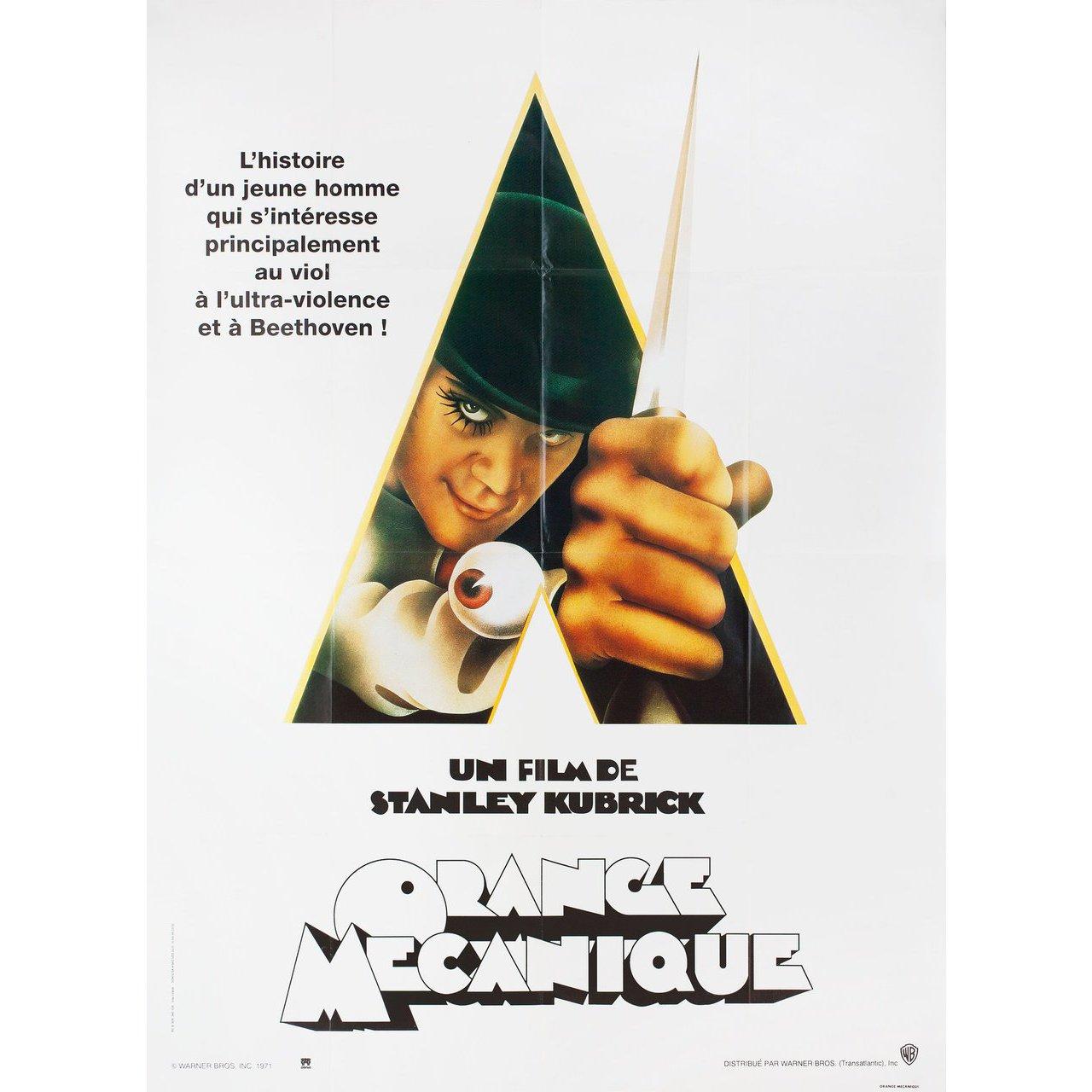 Original 1990s re-release French grande poster by Philip Castle for the 1971 film A Clockwork Orange directed by Stanley Kubrick with Malcolm McDowell / Patrick Magee / Michael Bates / Warren Clarke. Very Good-Fine condition, folded. Many original