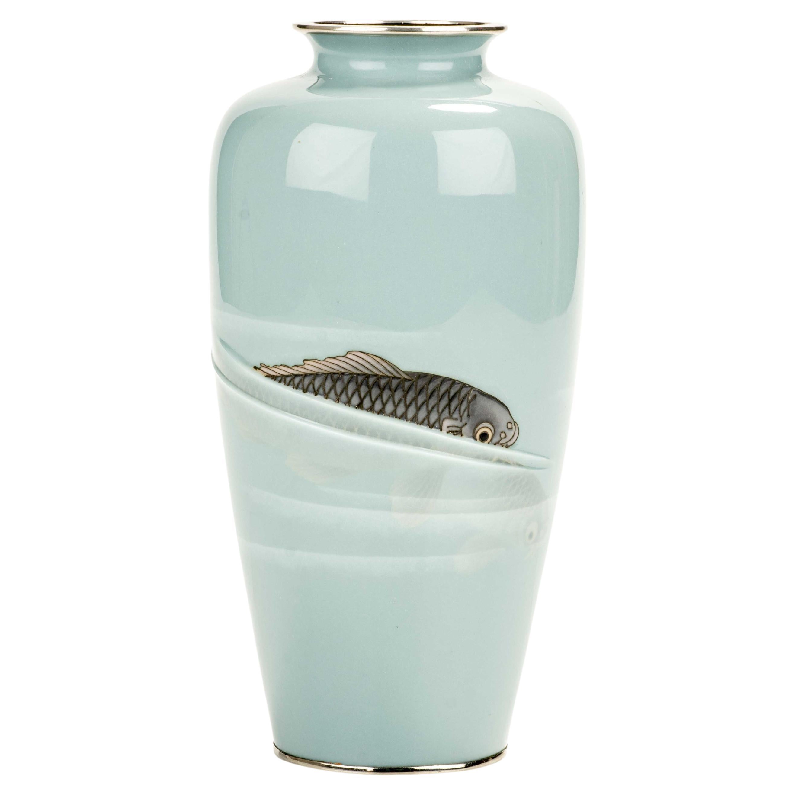 A cloisonné enamel vase with moriage decoration depicting three koi carp For Sale