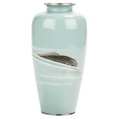A cloisonné enamel vase with moriage decoration depicting three koi carp