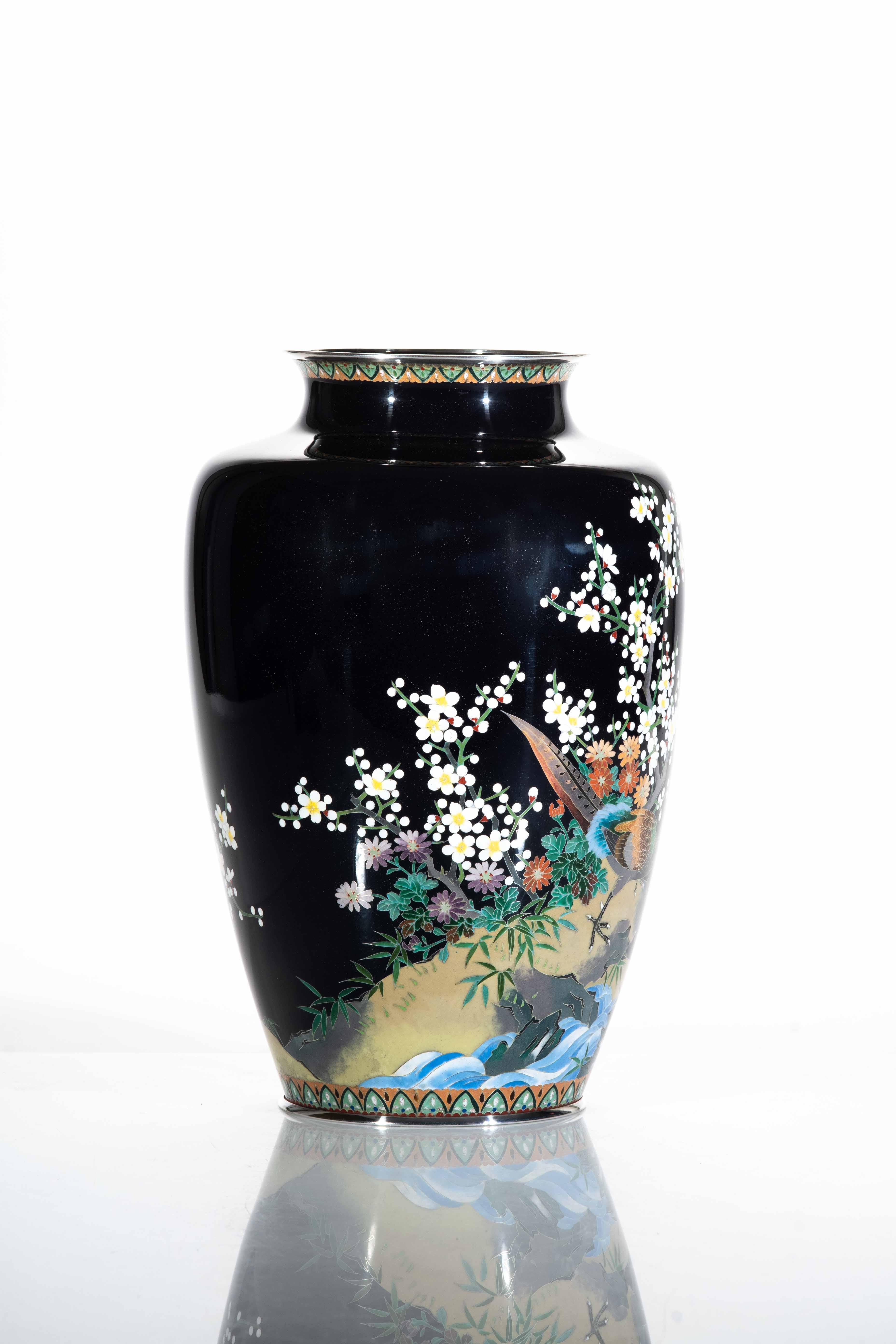 Japanese A cloisonné vase depicting a pheasant surrounded by blooming cherry For Sale