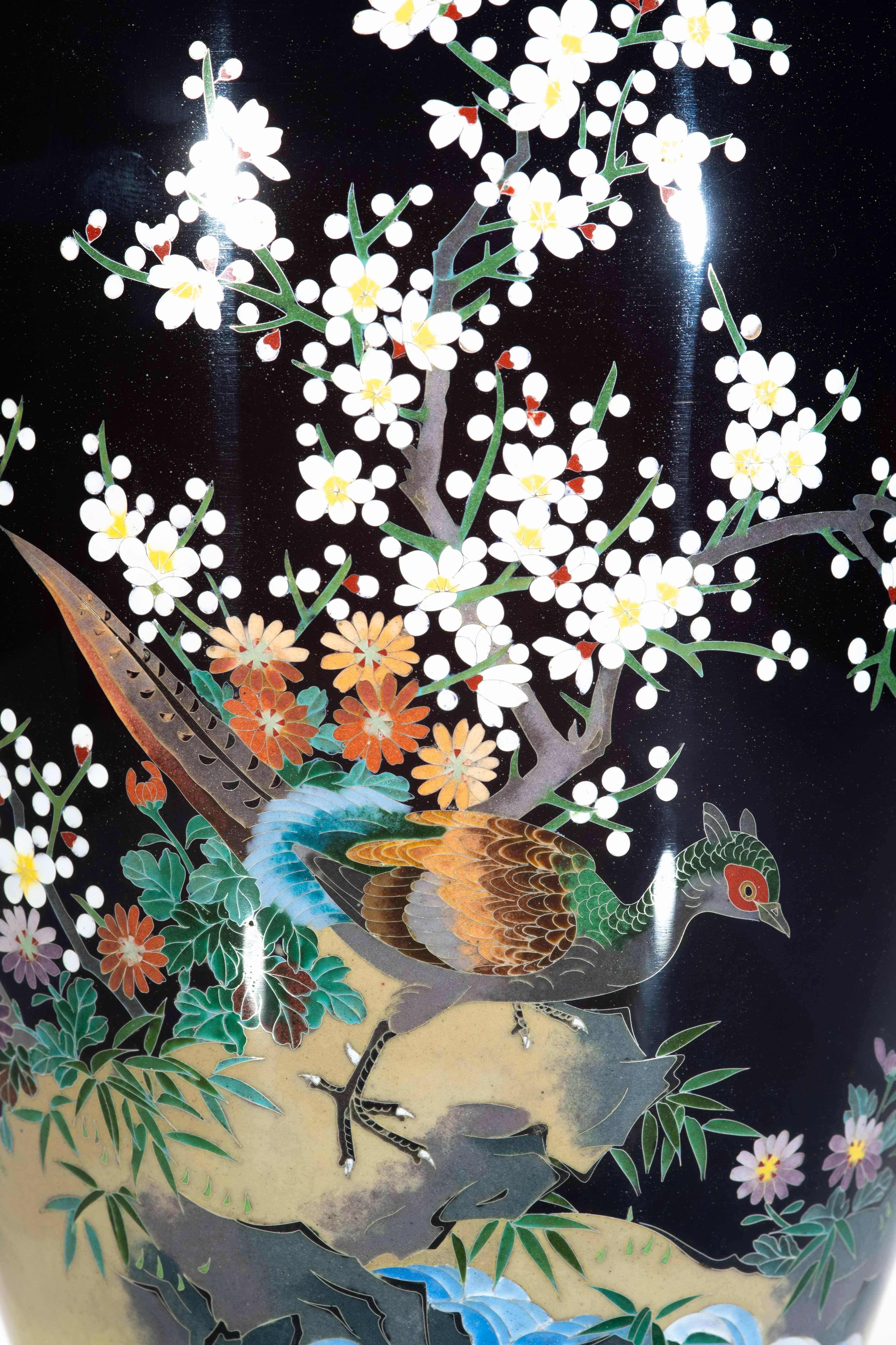 Cloissoné A cloisonné vase depicting a pheasant surrounded by blooming cherry For Sale