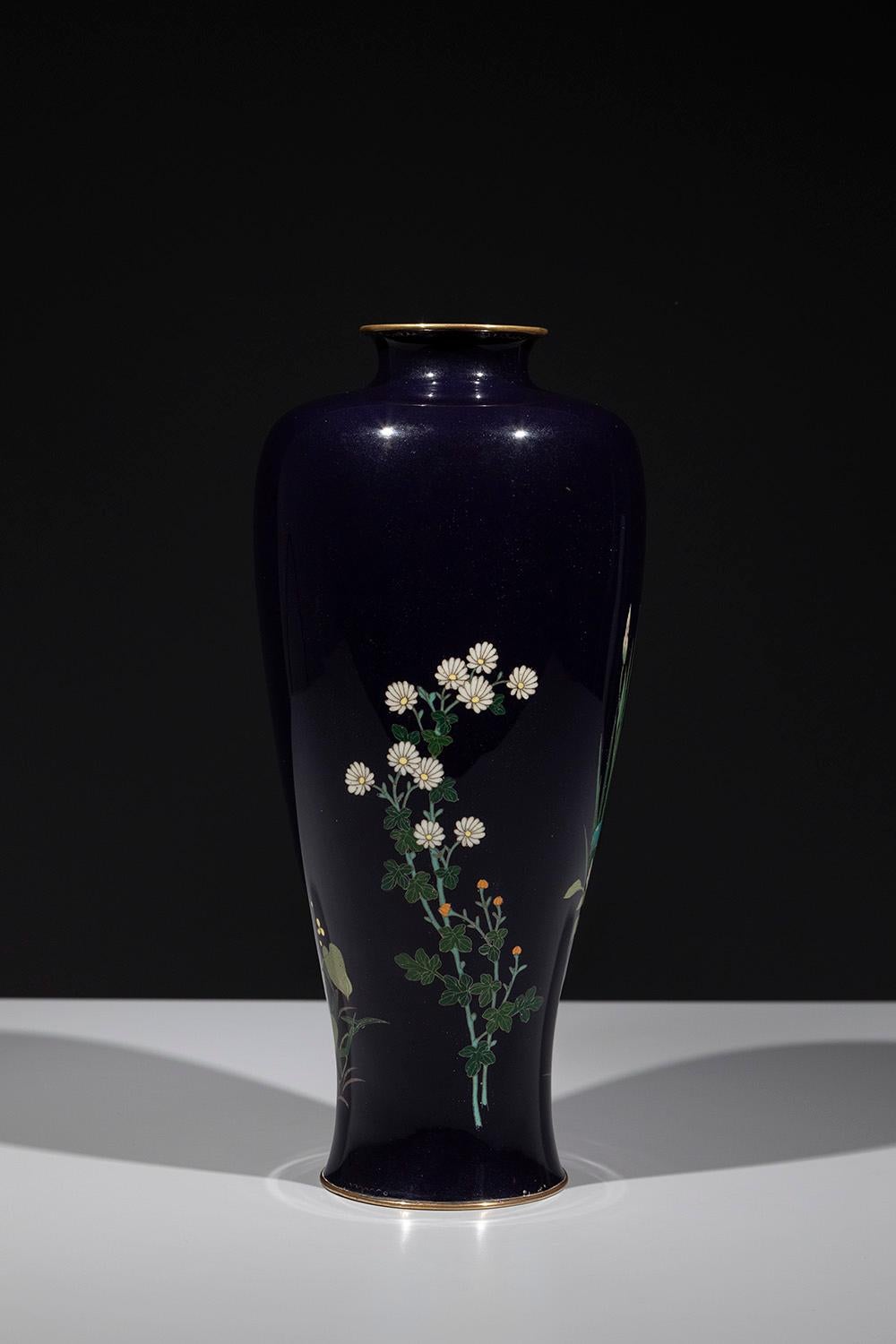 A cloisonné vase with a composition of irises and aquatic plants In condizioni ottime in vendita a Milano, IT
