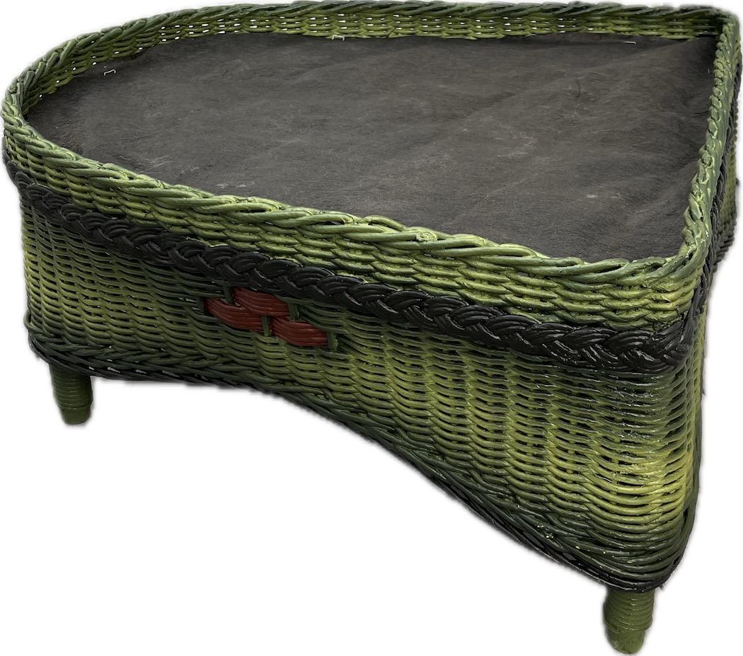 Other A Close Woven Wicker Ottoman in French Green Finish with Colored Accents For Sale