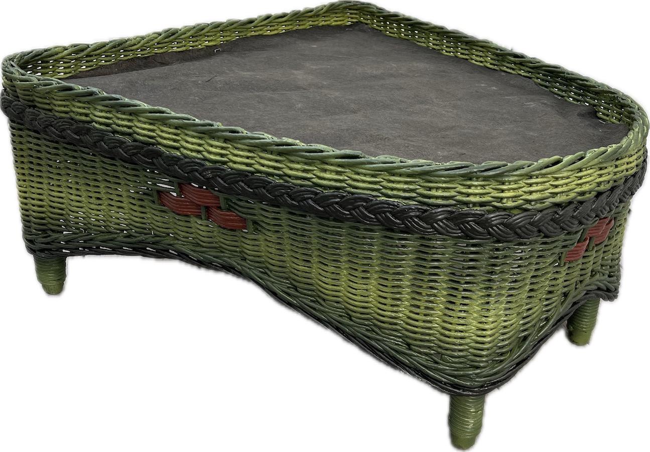 American A Close Woven Wicker Ottoman in French Green Finish with Colored Accents For Sale