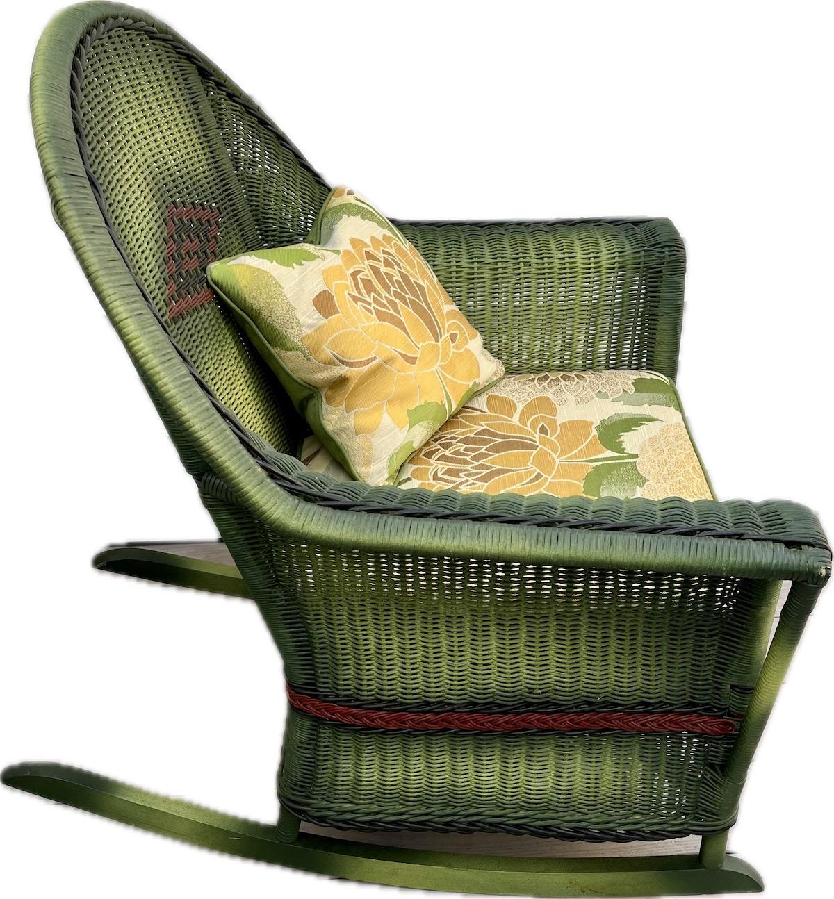 Other A close Woven Wicker Rocker in French Green Finish For Sale