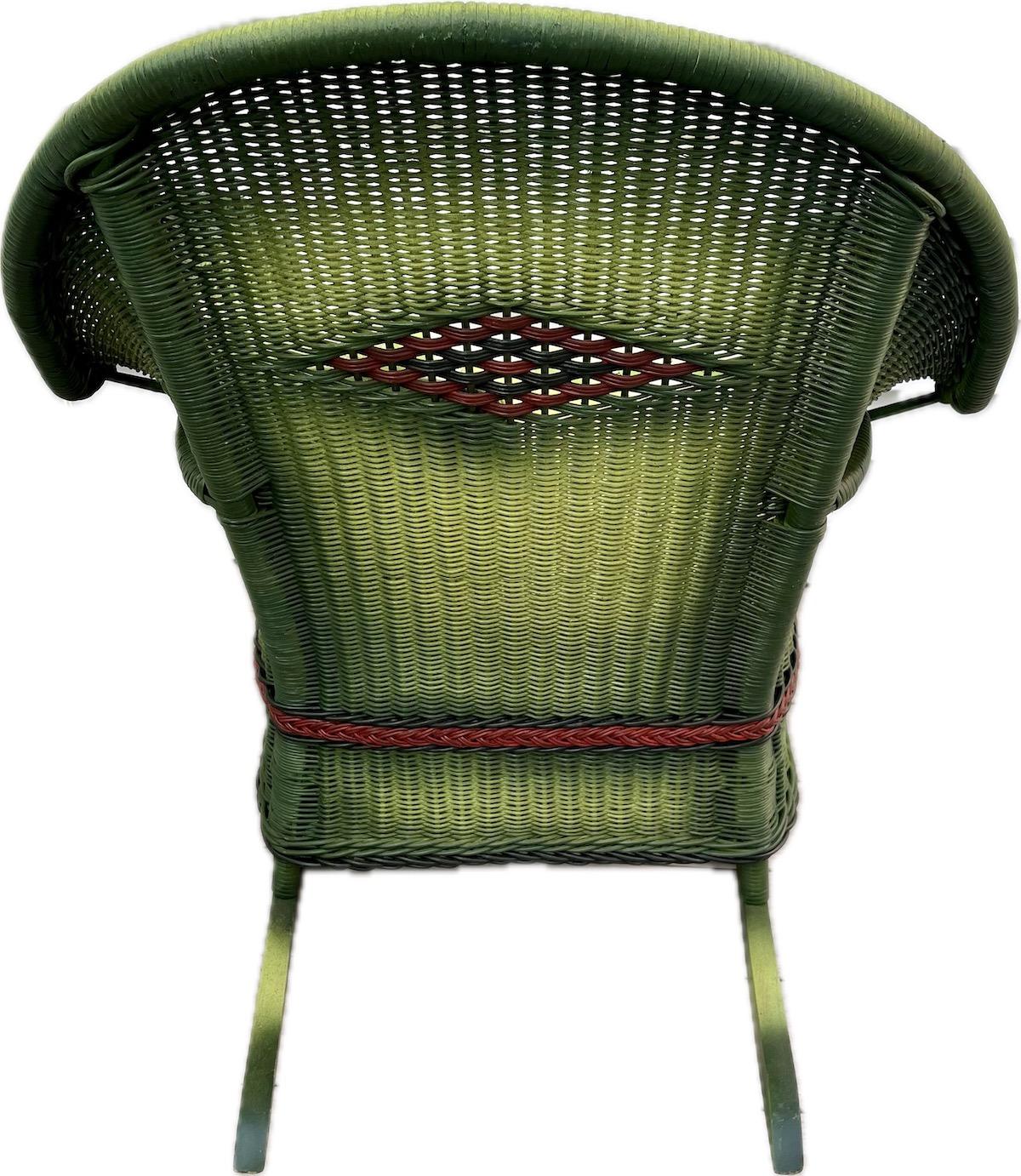 American A close Woven Wicker Rocker in French Green Finish For Sale