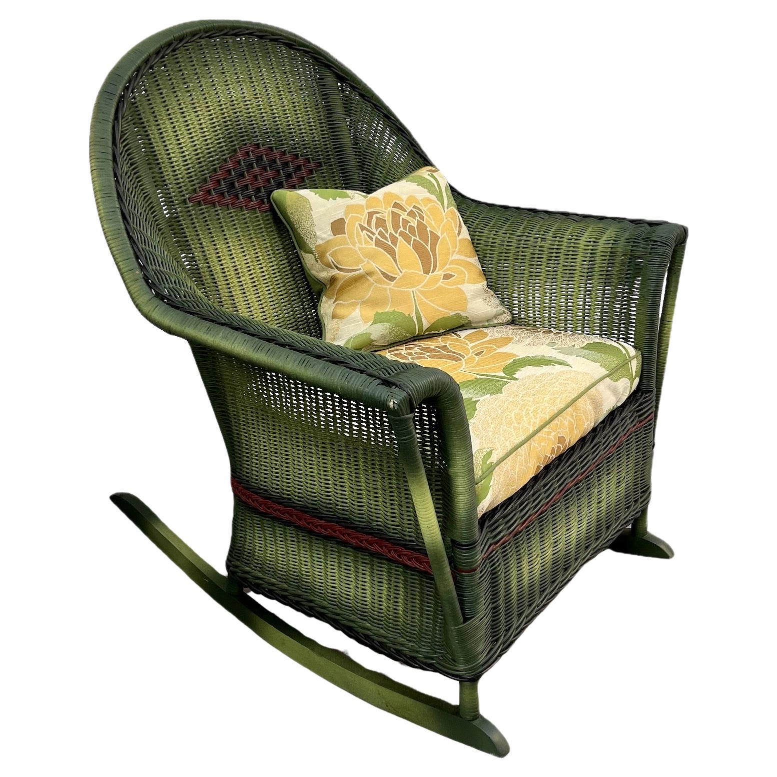 A close Woven Wicker Rocker in French Green Finish For Sale