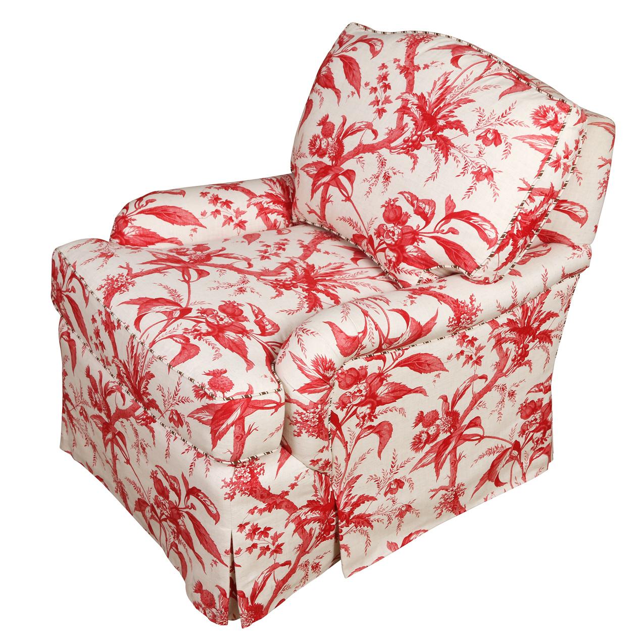 Contemporary A Club Chair in a Red and White Lisa Fine Textile Linen