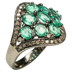 Men's Sterling Silver Emerald and Diamond Cluster Ring, 2.51ct