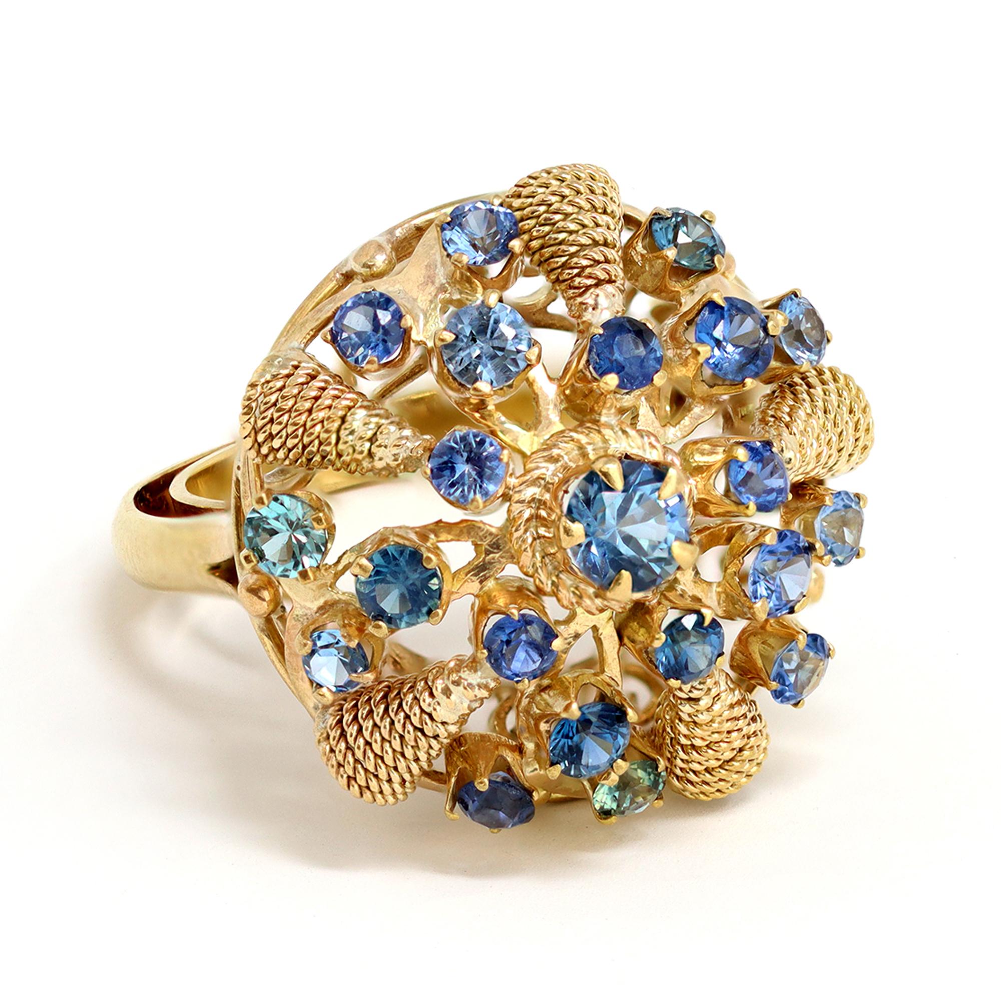 Round Cut Cluster Sapphire Dome Ring Circa 1930 in 14K For Sale
