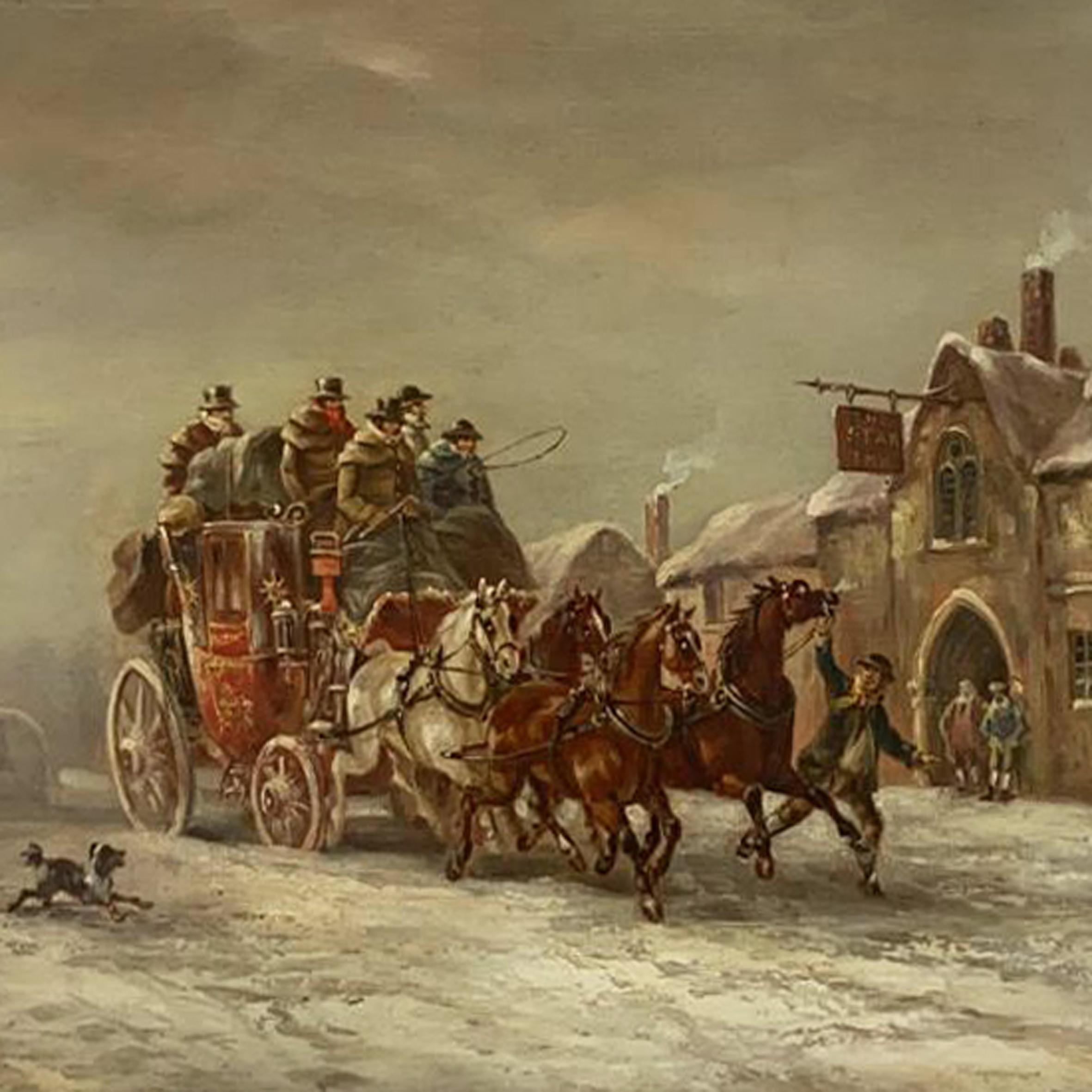 'A Coach in the Snow Outside an Inn'. 

Oil on canvas, signed and dated 'J.C. Maggs 1889 Bath'.

Framed in a water gilt gold leaf hollow frame with shot decoration and a linen slip.

John Charles Maggs (1819-1896) was a famous Bath coaching
