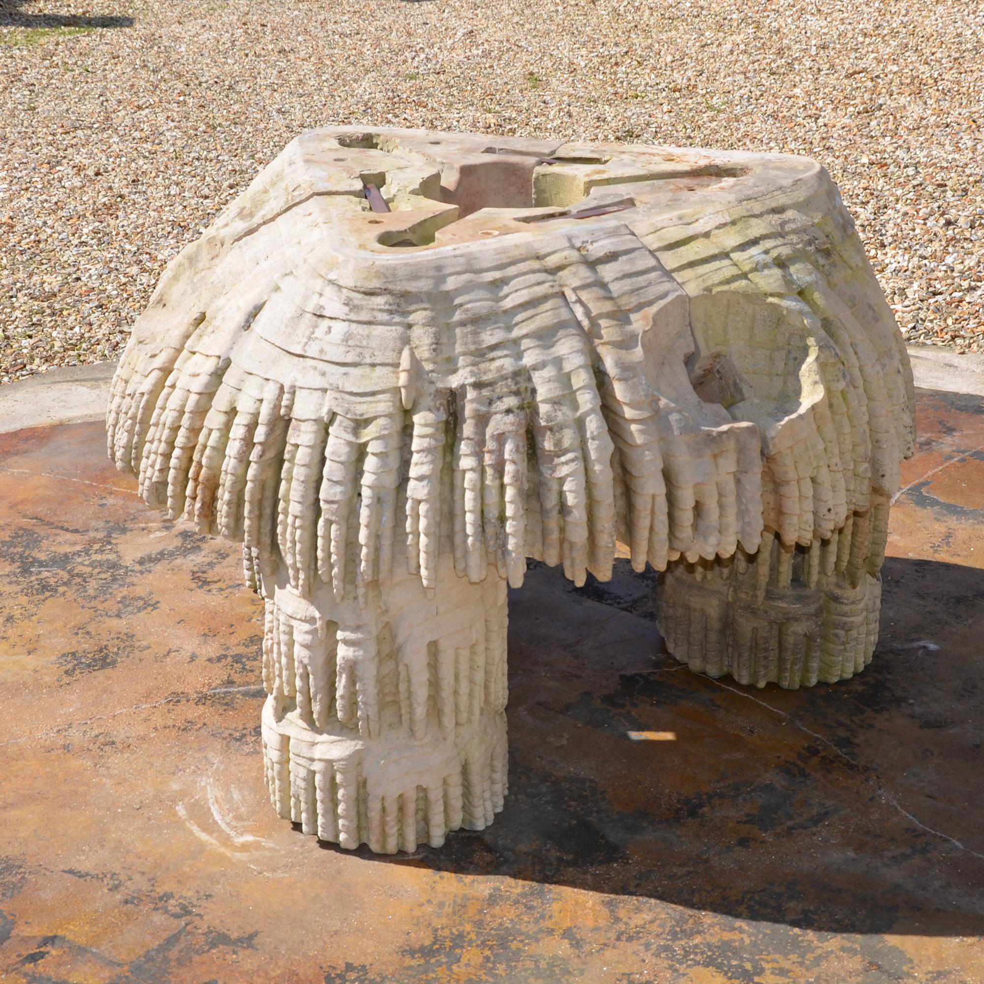 A rare survivor of the 18th century, this terracotta fountain base of tripod form has been created to recreate the effect of stalactites, this form of decoration is known as Frost Work. Not complete – there would have been three scallop shells in