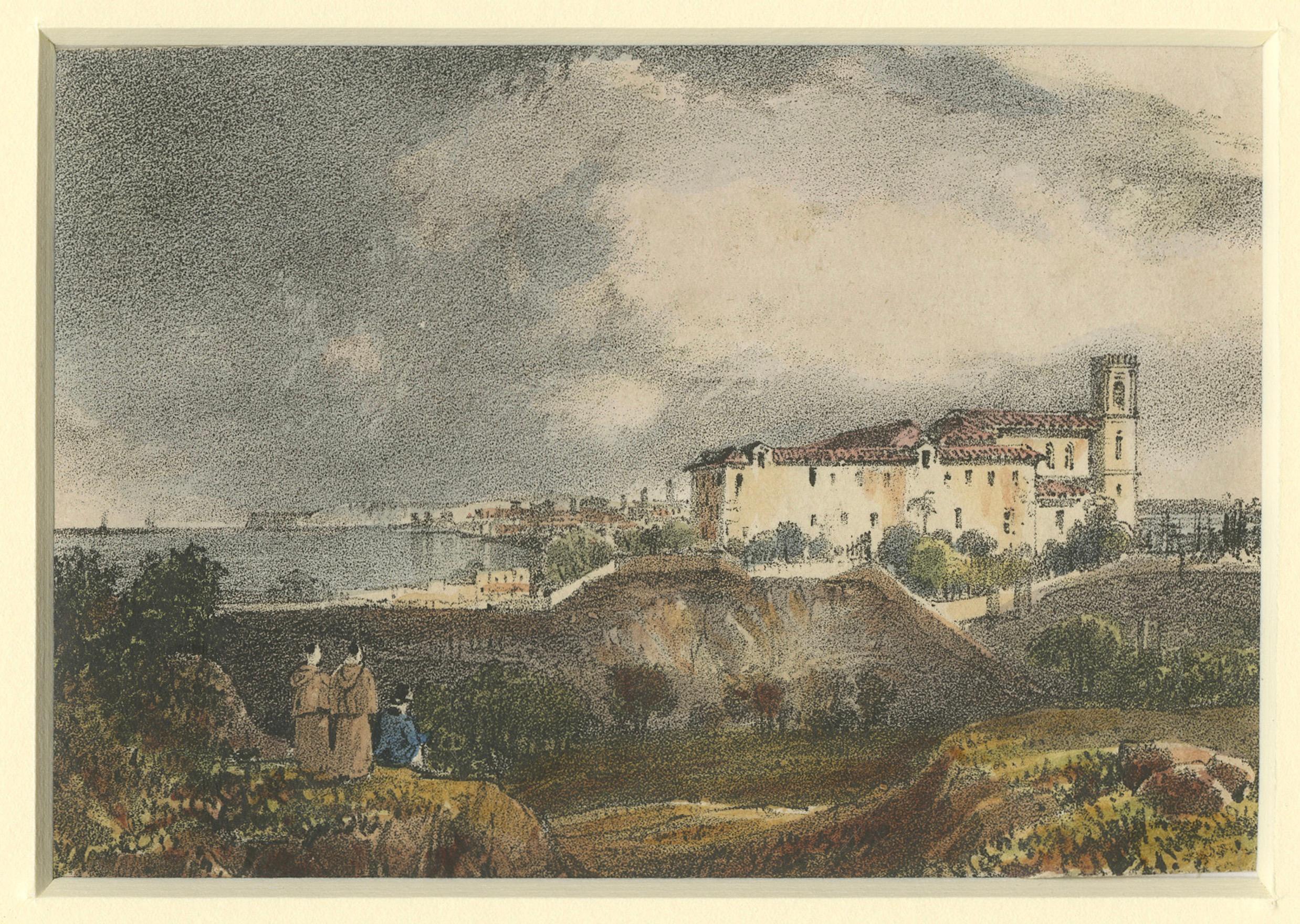 Titel: Eine Küstenansicht mit historischer Architektur - Handkolorierte Lithographie aus dem 19.

Beschreibung:  
Diese detailreiche handkolorierte Lithografie aus dem 19. Jahrhundert zeigt eine malerische Küstenlandschaft mit einem markanten