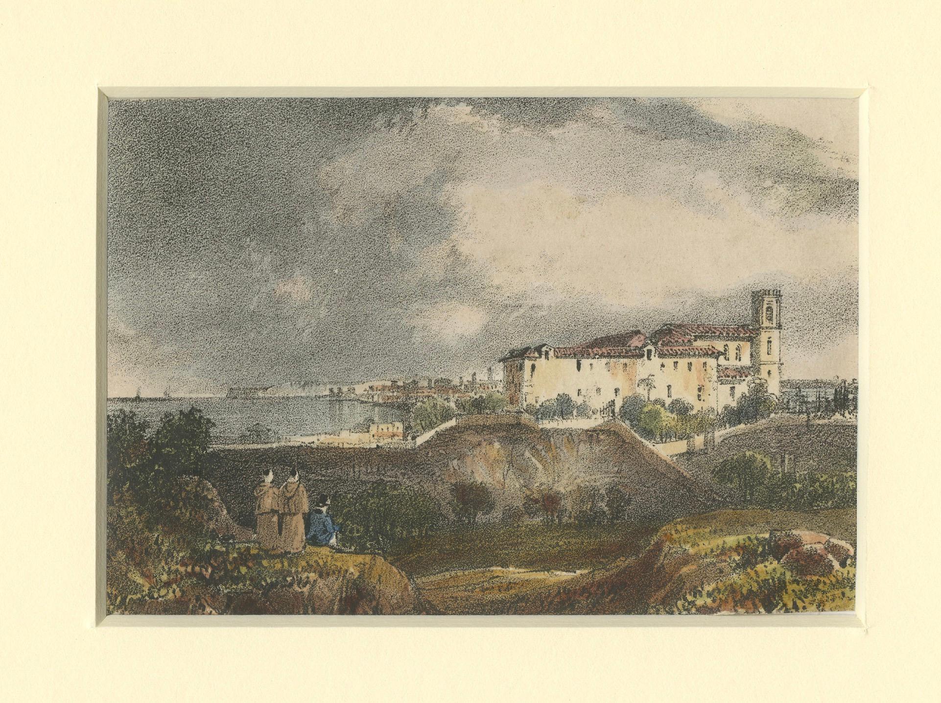 Eine Küstenansicht mit historischer Architektur - Handkolorierte Lithographie aus dem 19. (Spätes 19. Jahrhundert) im Angebot