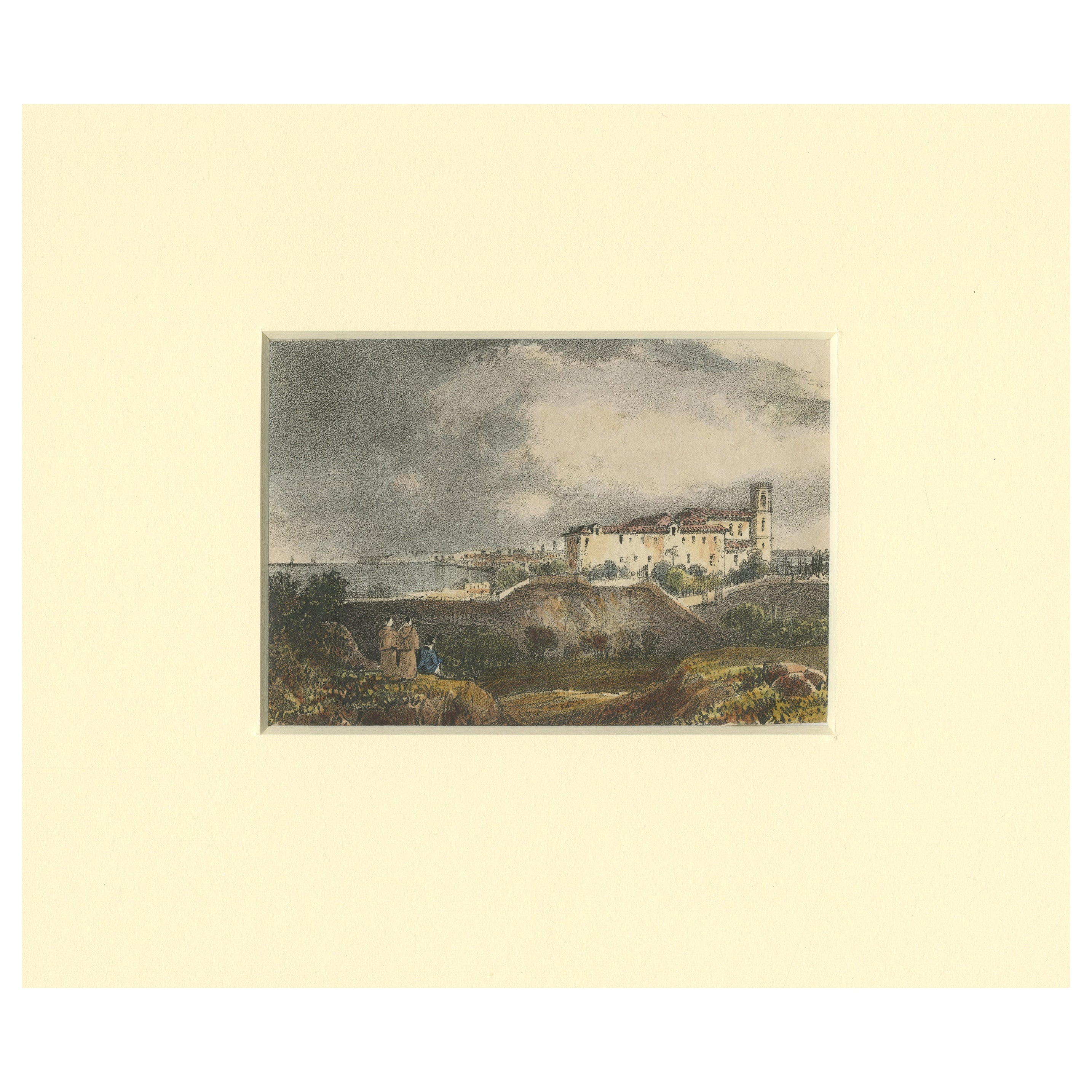 A Coastal View with Historic Architecture – 19th-Century Hand-Colored Lithograph
