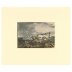 A Coastal View with Historic Architecture – 19th-Century Hand-Colored Lithograph