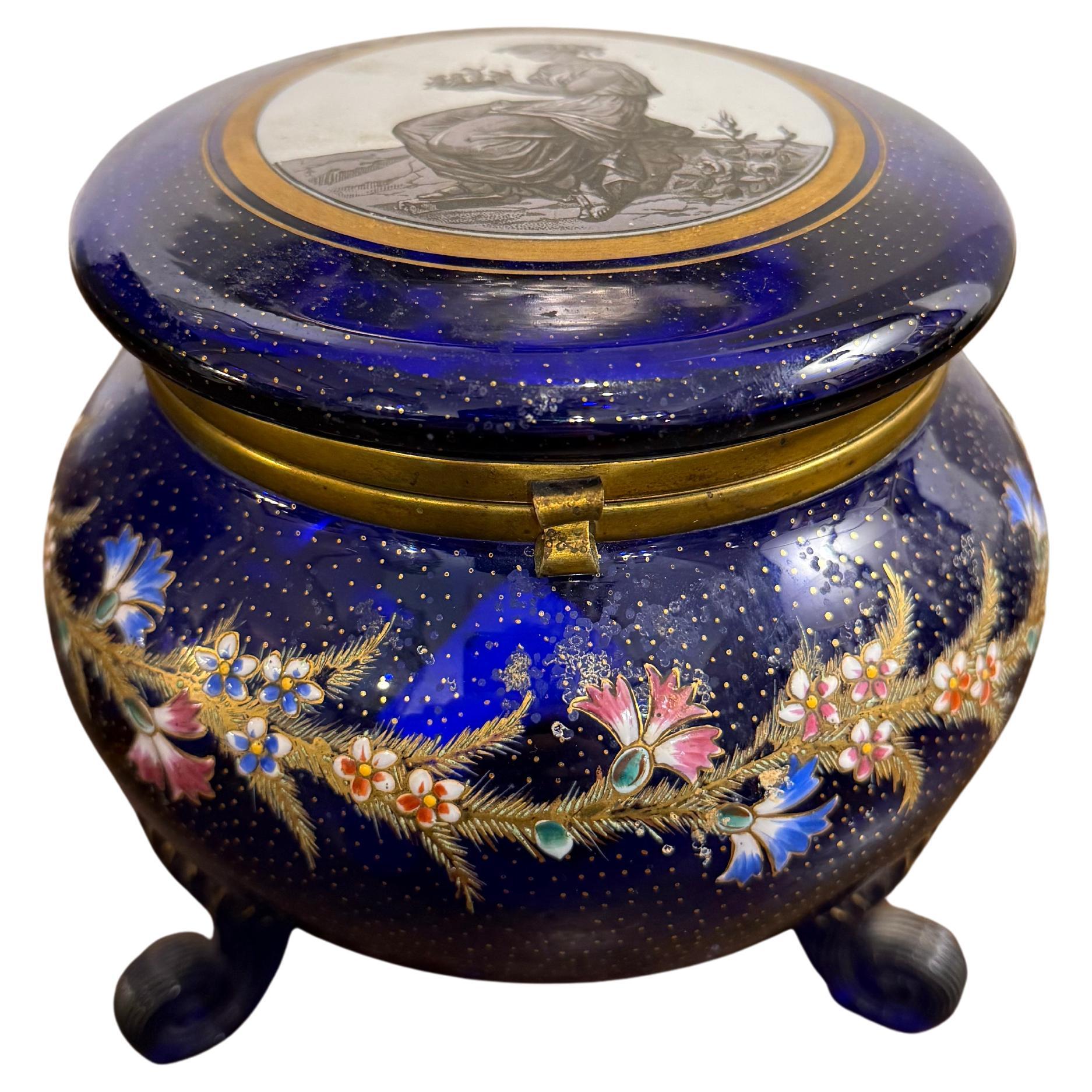 A Cobalt Blue Gilt Enamel Lidded Trinket Box, Early 20th Century For Sale