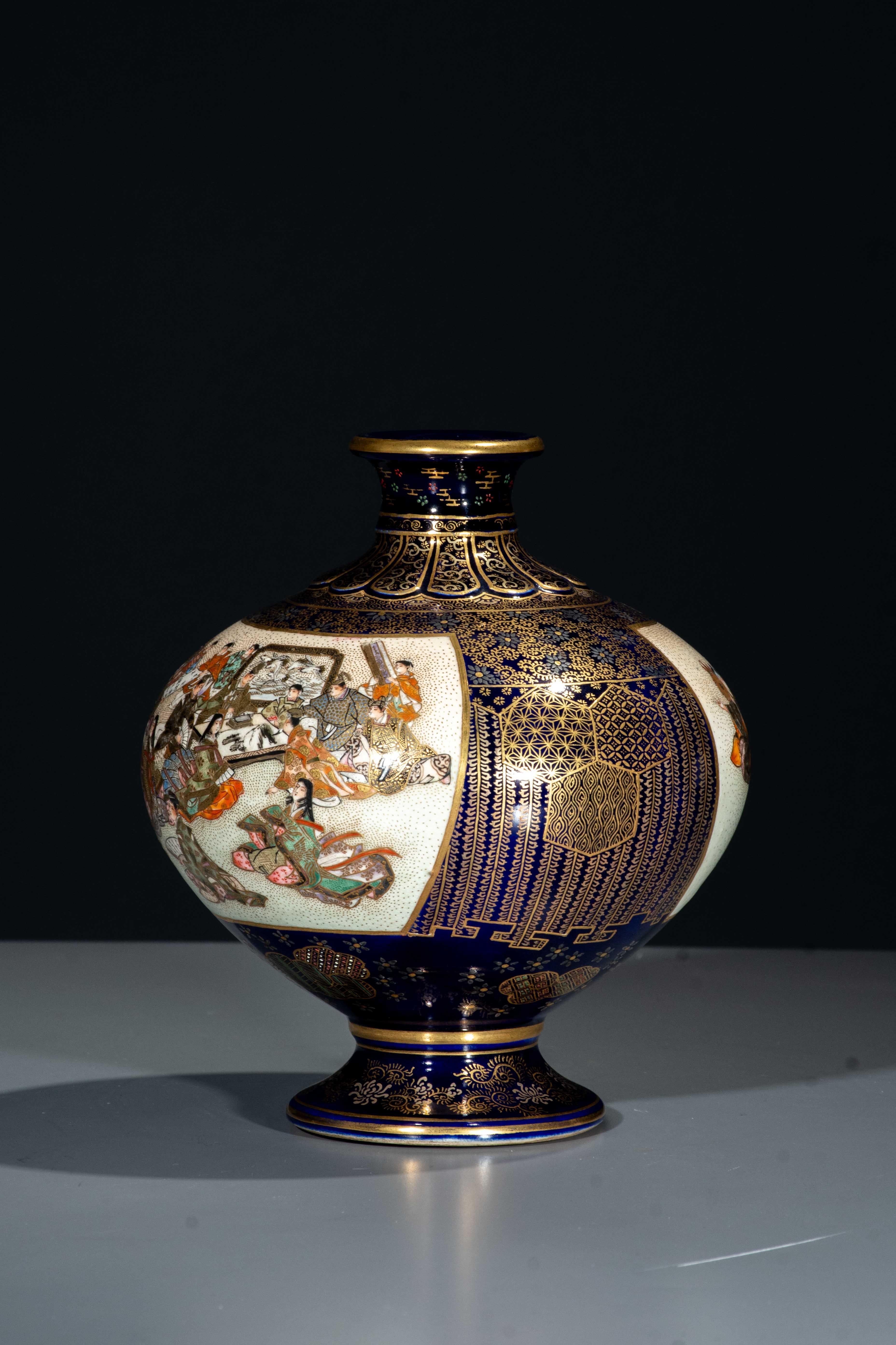 Hand-Painted A cobalt-blue Satsuma vase depicting courtly scenes, signed Kinkozan For Sale