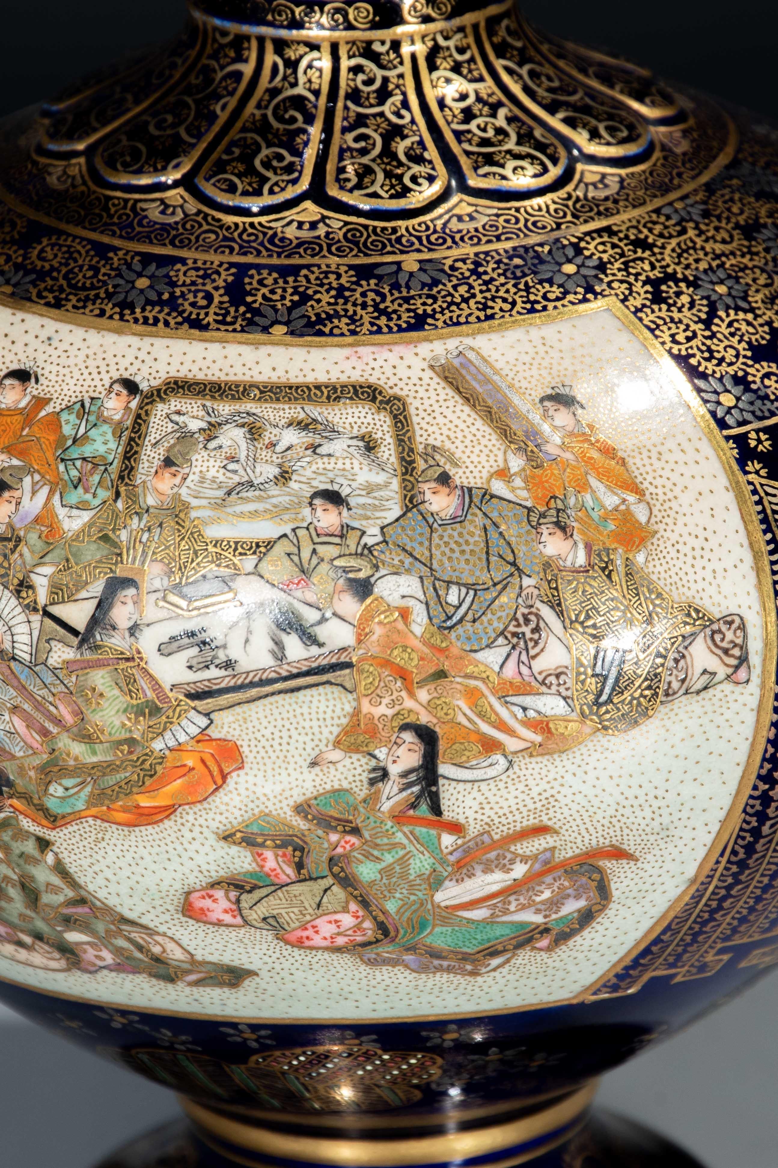 Ceramic A cobalt-blue Satsuma vase depicting courtly scenes, signed Kinkozan For Sale