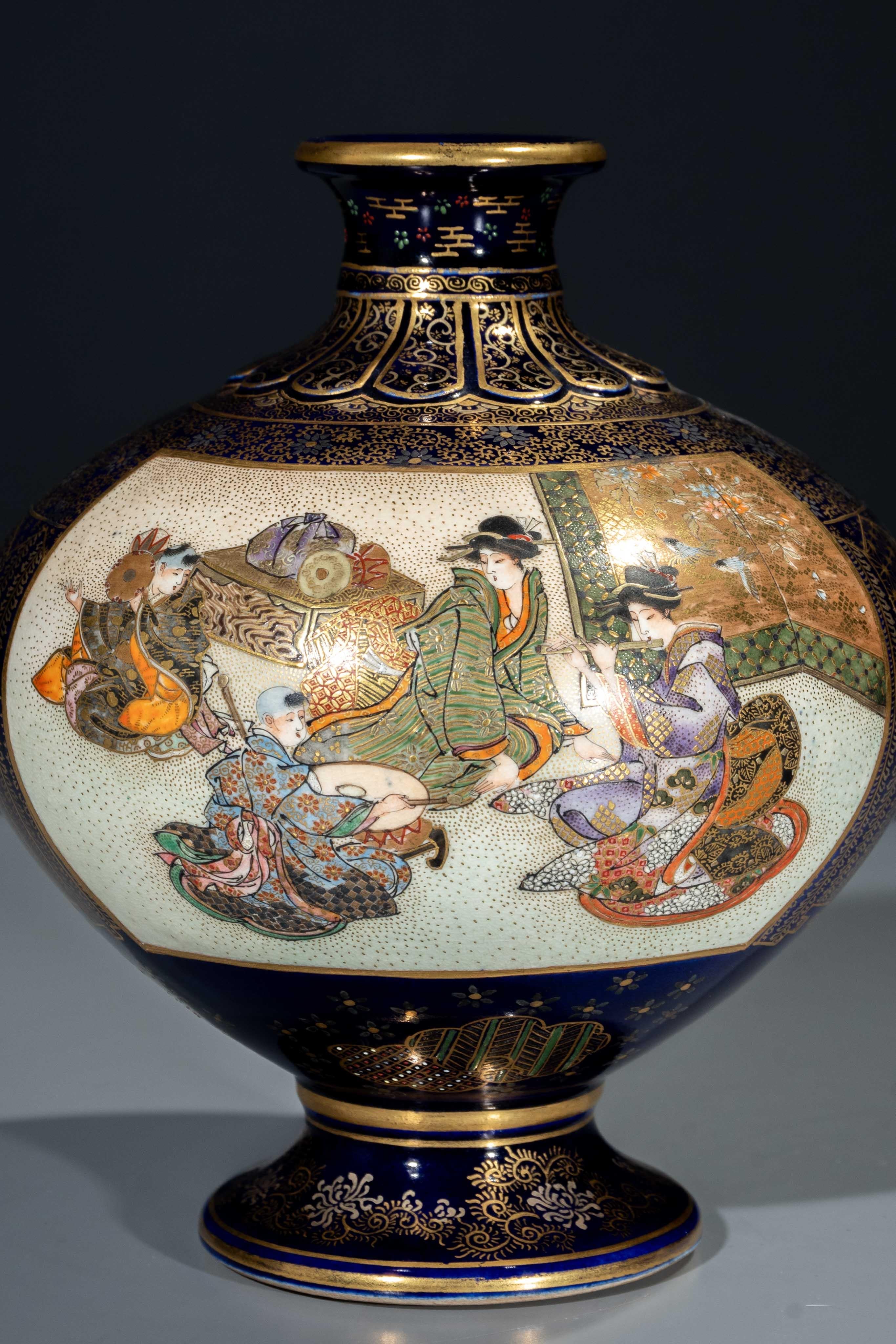 A cobalt-blue Satsuma vase depicting courtly scenes, signed Kinkozan For Sale 1