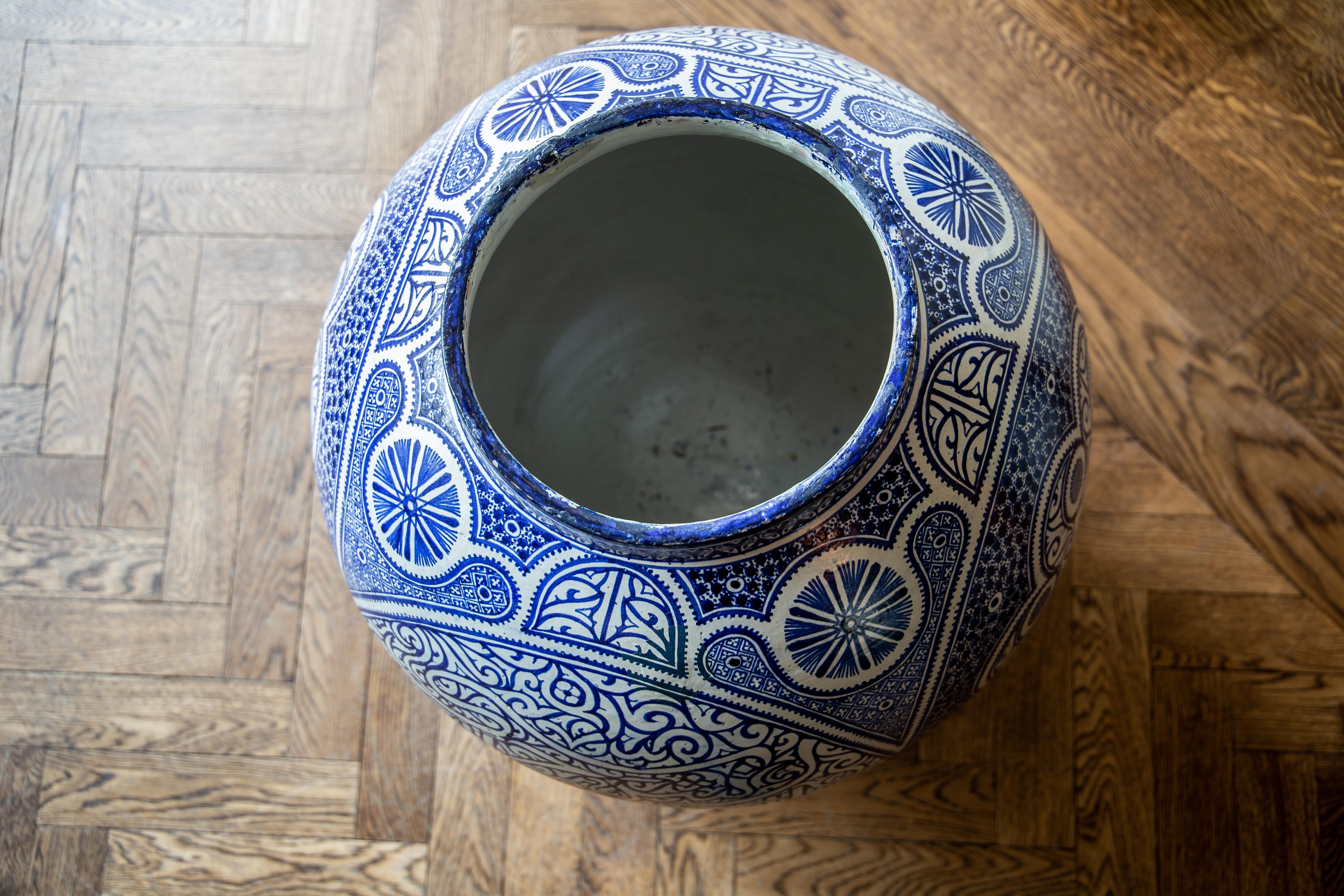 Tribal Cobalt Geometric Pattern Fez Pottery Urn of Grand Scale
