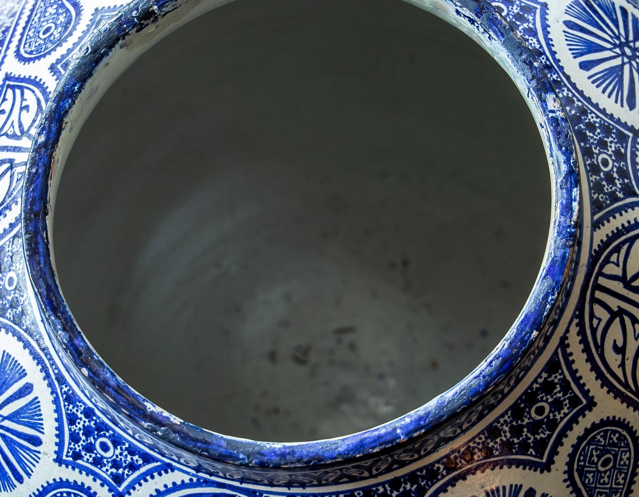 Cobalt Geometric Pattern Fez Pottery Urn of Grand Scale In Good Condition In London, GB