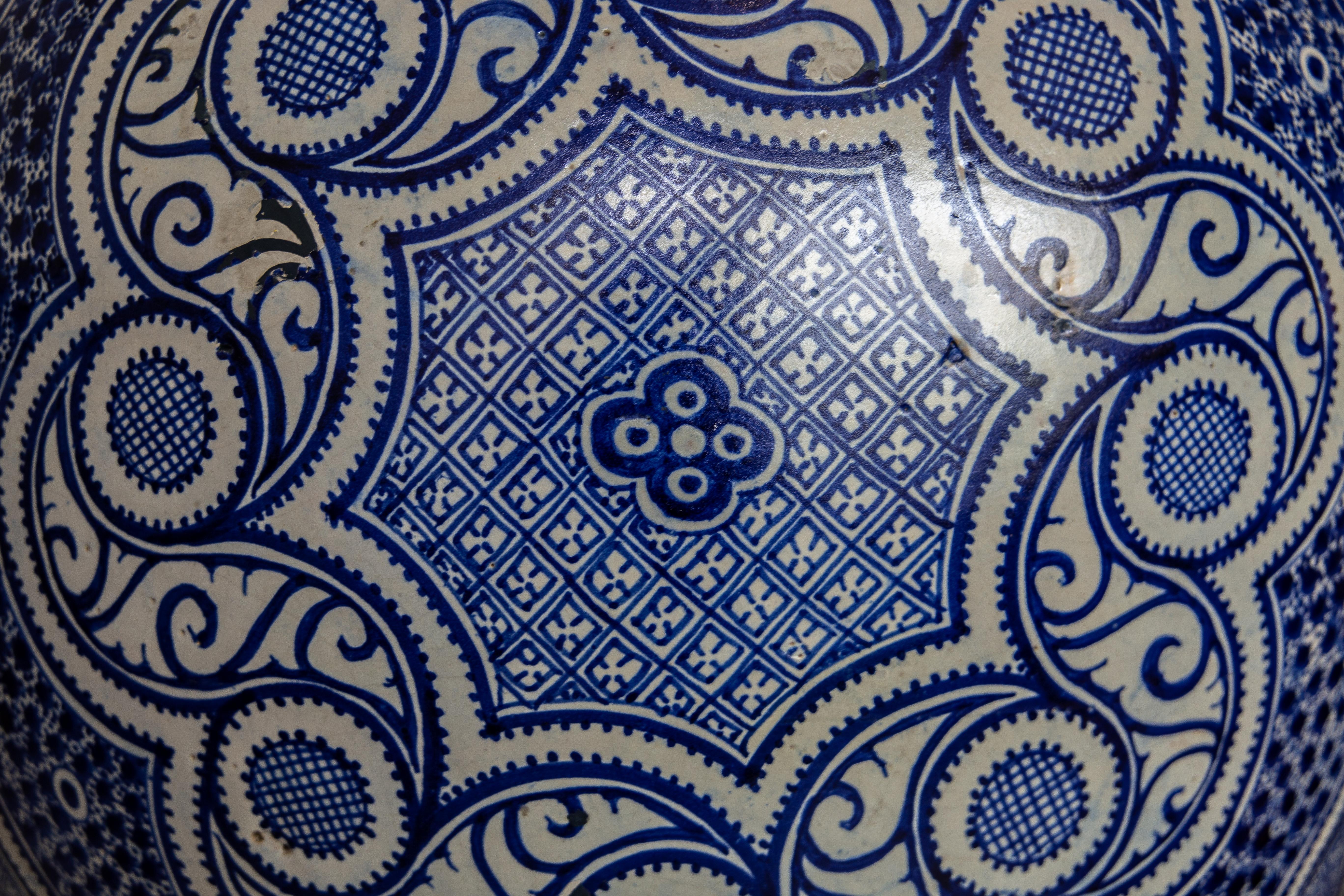Cobalt Geometric Pattern Fez Pottery Urn of Grand Scale 1