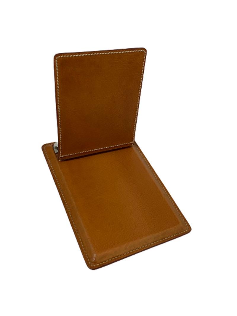 Brass Cognac Colored Stitched Leather Desk Set For Sale