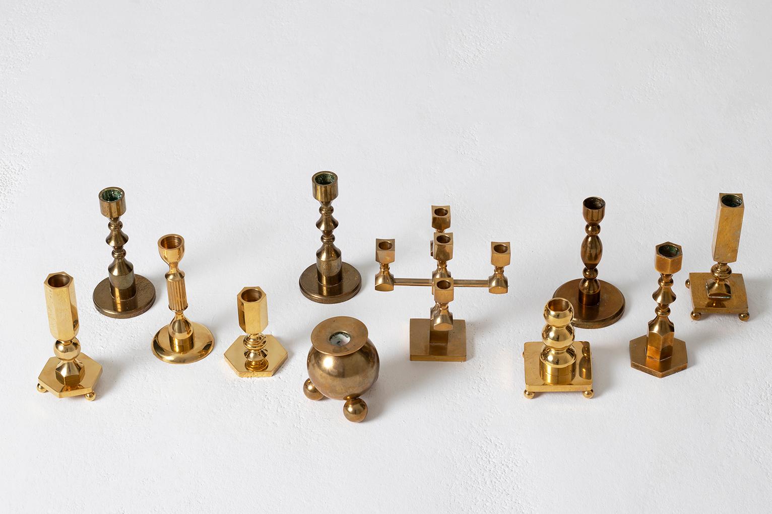A collection of eleven brass candlesticks. All hand numbered.
Sweden (Gusum), Dated from 1979-1987.
Measures: From 9-14 cm tall.