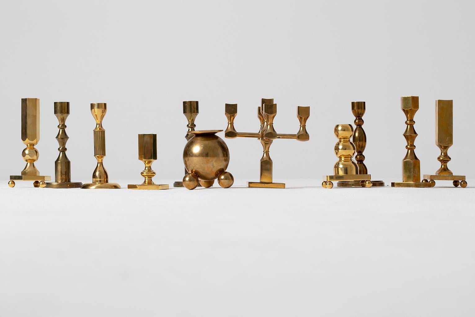Mid-Century Modern Collection of 11 Midcentury Brass Candlesticks