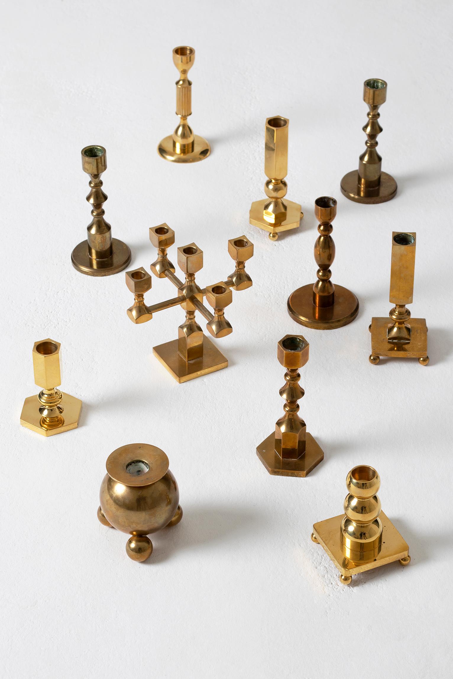 Swedish Collection of 11 Midcentury Brass Candlesticks