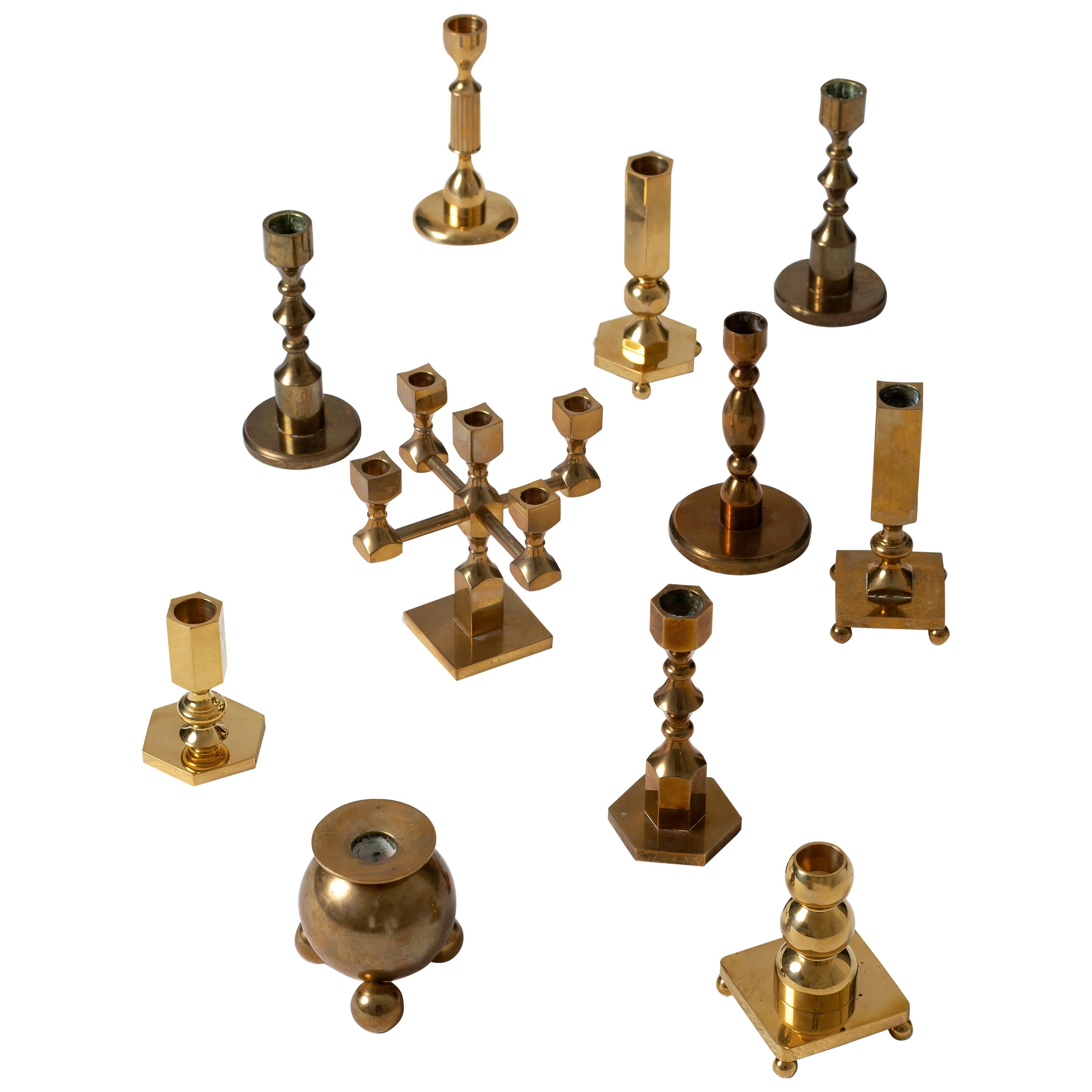 Collection of 11 Midcentury Brass Candlesticks