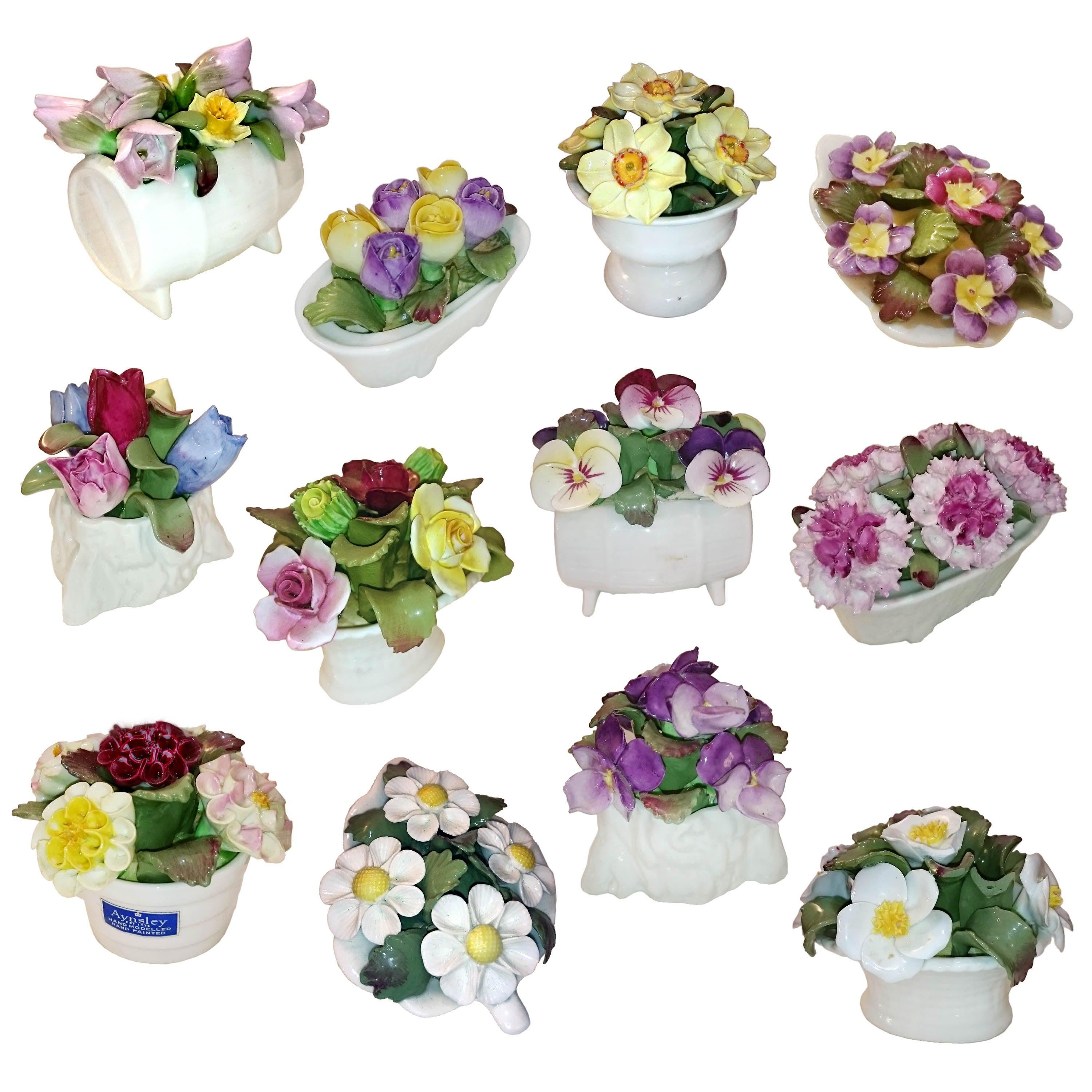 Collection of 12 Fine Handmade Porcelain Bouquets, Months of the Year