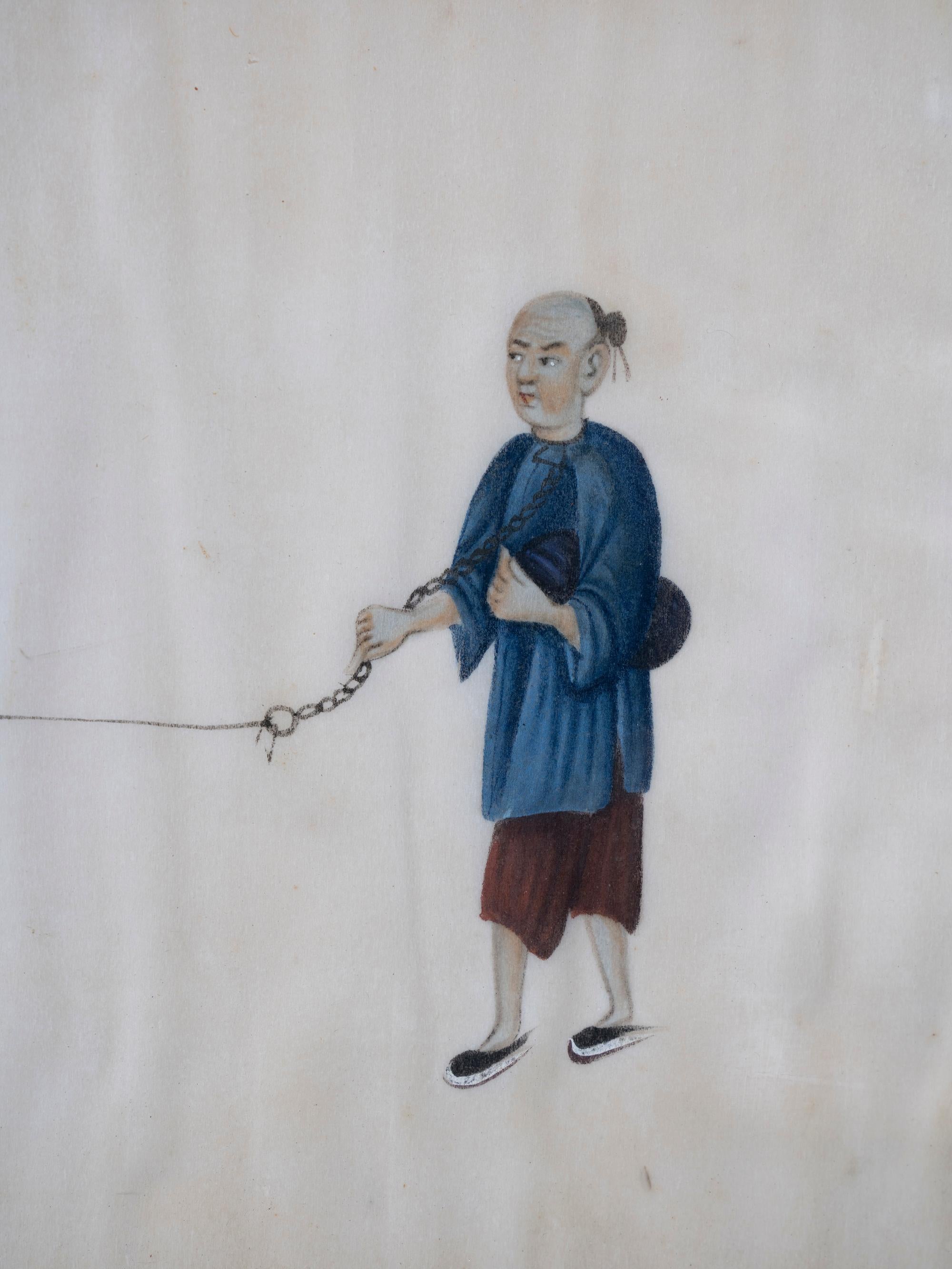 Collection of 19th Century Chinese Pith Paintings of Torture & Imprisonment 6
