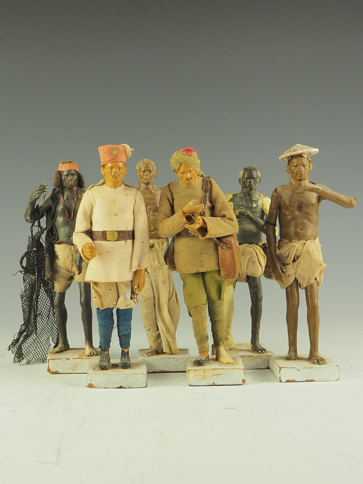 A rare collection of six 19th century clay Indian figures

Hand-crafted Indian clay figures. Very realistically modelled, with painted details, wearing cloth garments, standing on white plinths. Depicting various servants and tradesmen.

They would