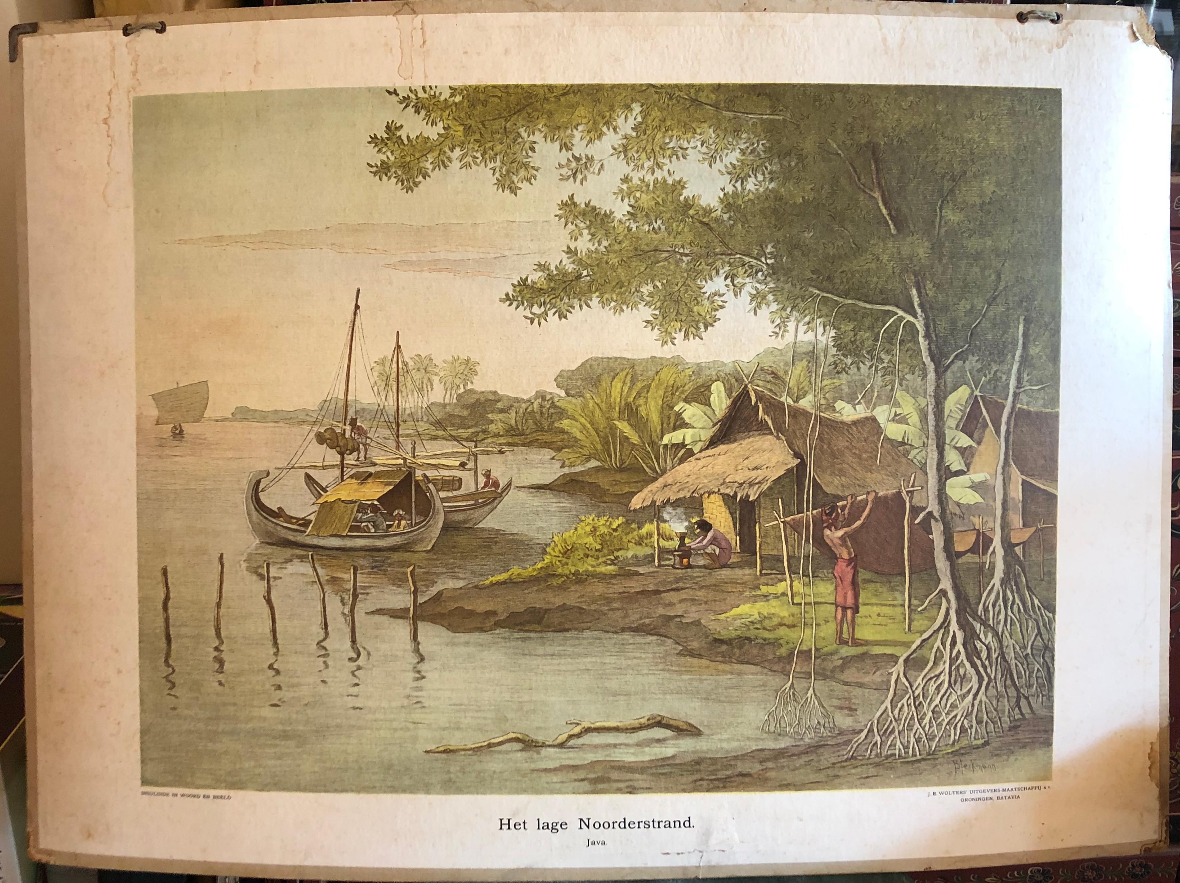 Dutch Collection of 5 Vintage School-Charts of Indonesia, Incl Bali Ritual Cremation For Sale