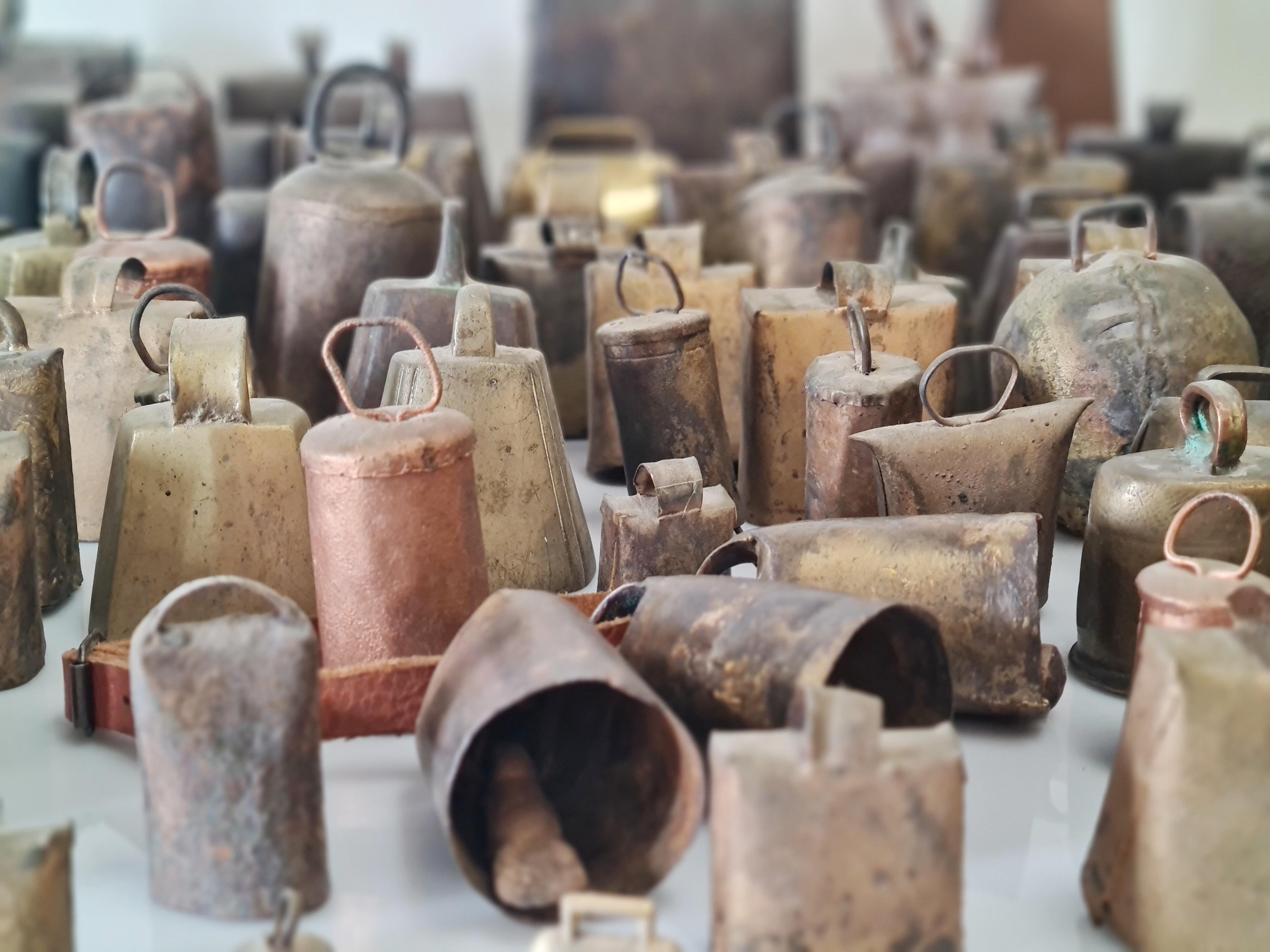 A collection of 69 cow bells that came from a recent clearance. The biggest is 18 x 16 x 8cm and the smallest around 2.5 x 1 x 1cm. Some are cast brass bells and some sheet welded. Some have cracks and some in good condition. Mostly Finnish from the