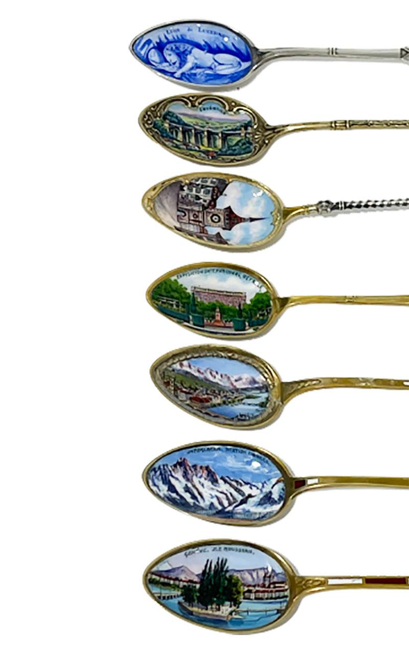 European Collection of 7 Silver and Enamel Spoons from Various Places in Europe For Sale